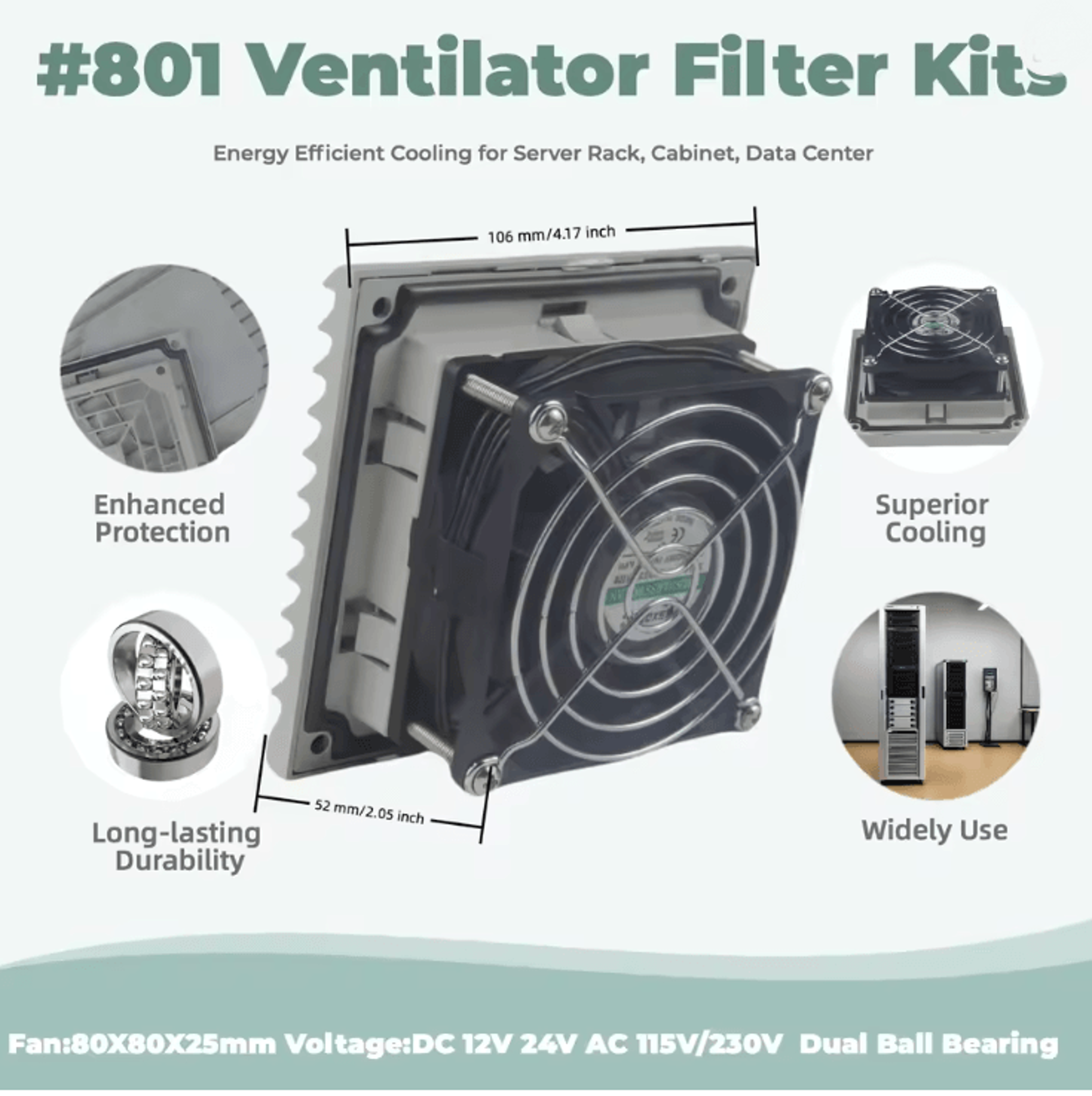 Ventilator Filter Fan Kit 80mm for Server Racks and Data Centers Waterproof and Dustproof