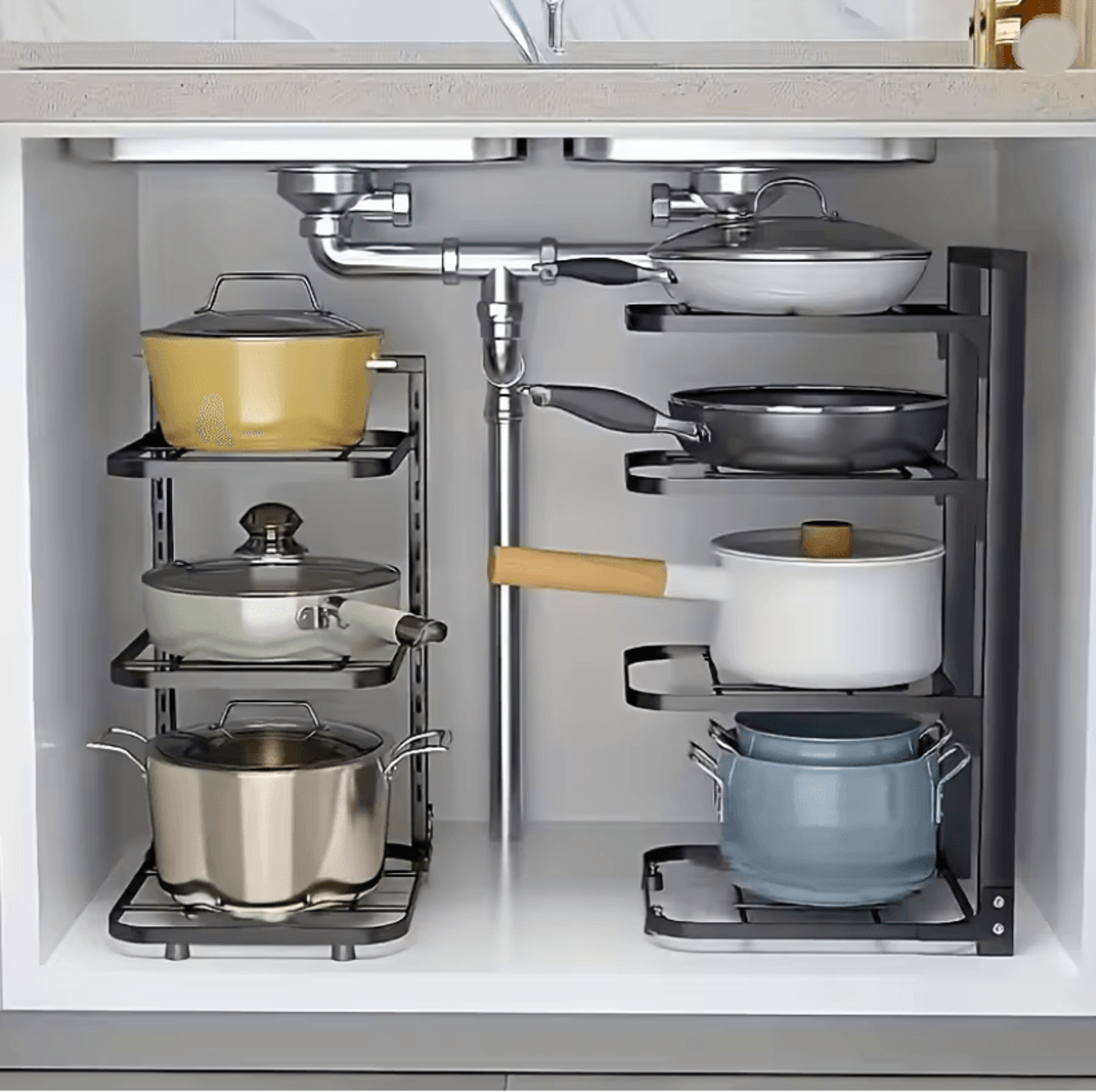 adjustarack multi layer adjustable pot rack organizer stainless steel kitchen pot storage rack