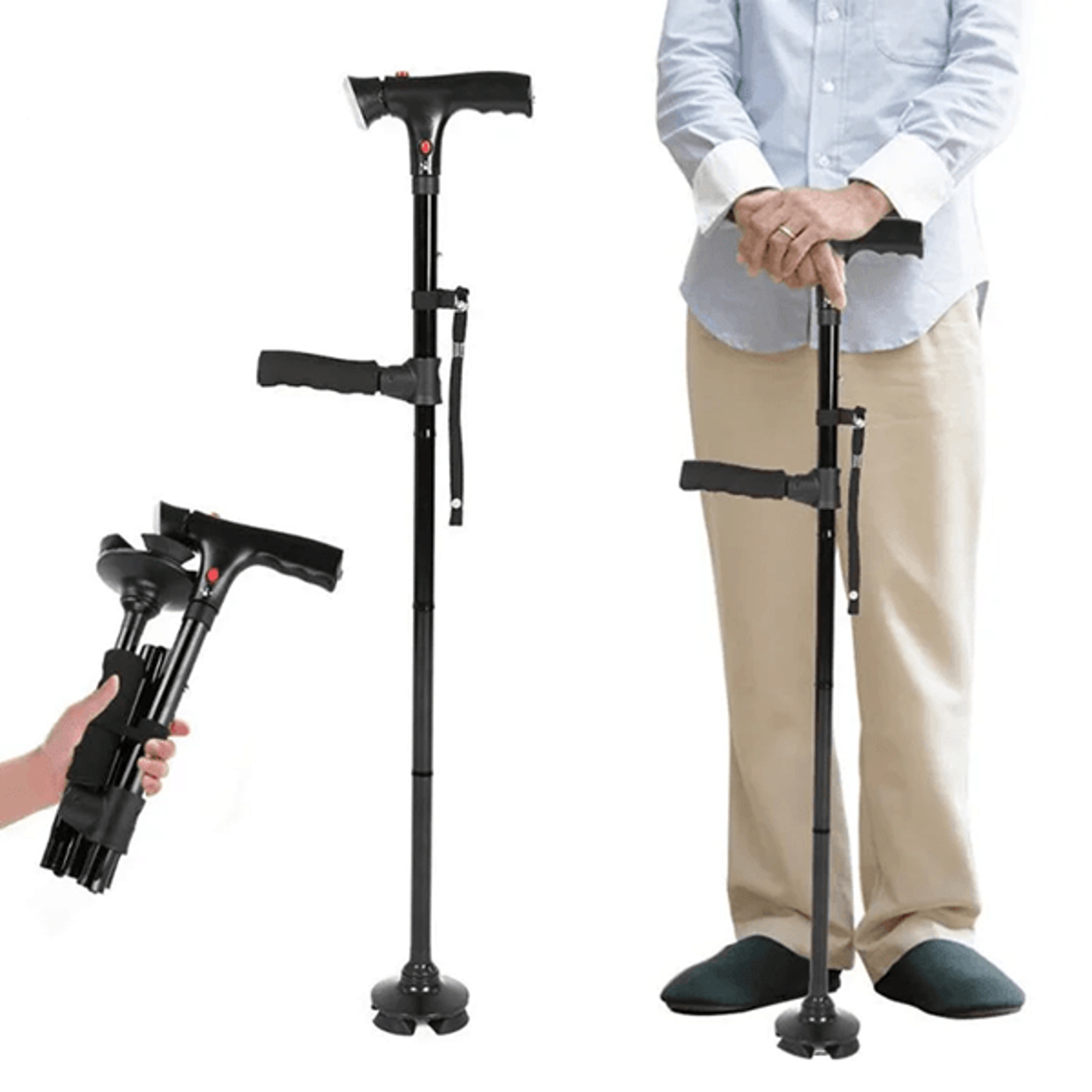 adjustable collapsible walking cane with led light and alarm