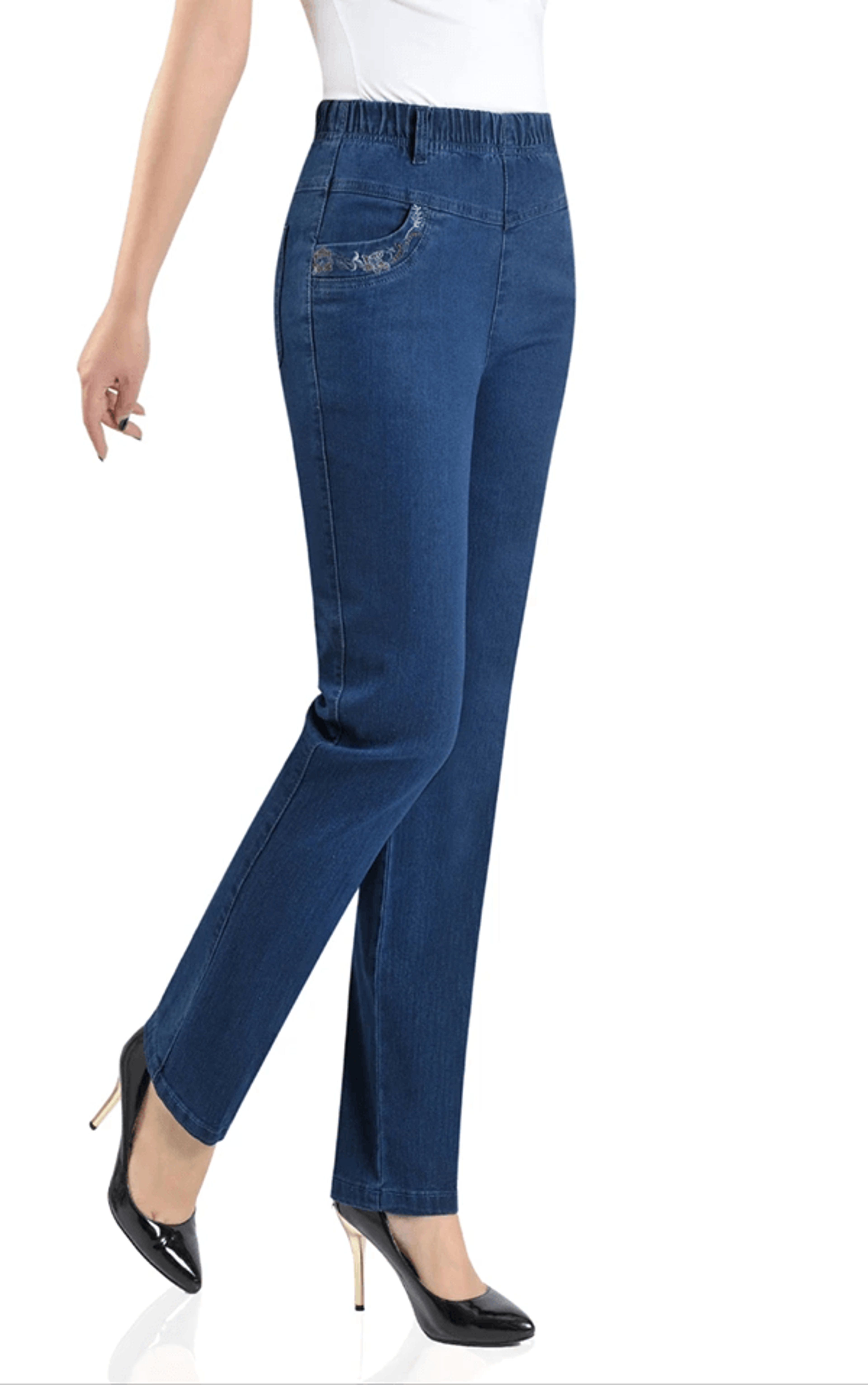 classic high waist stretch denim pants for women with embroidered pockets