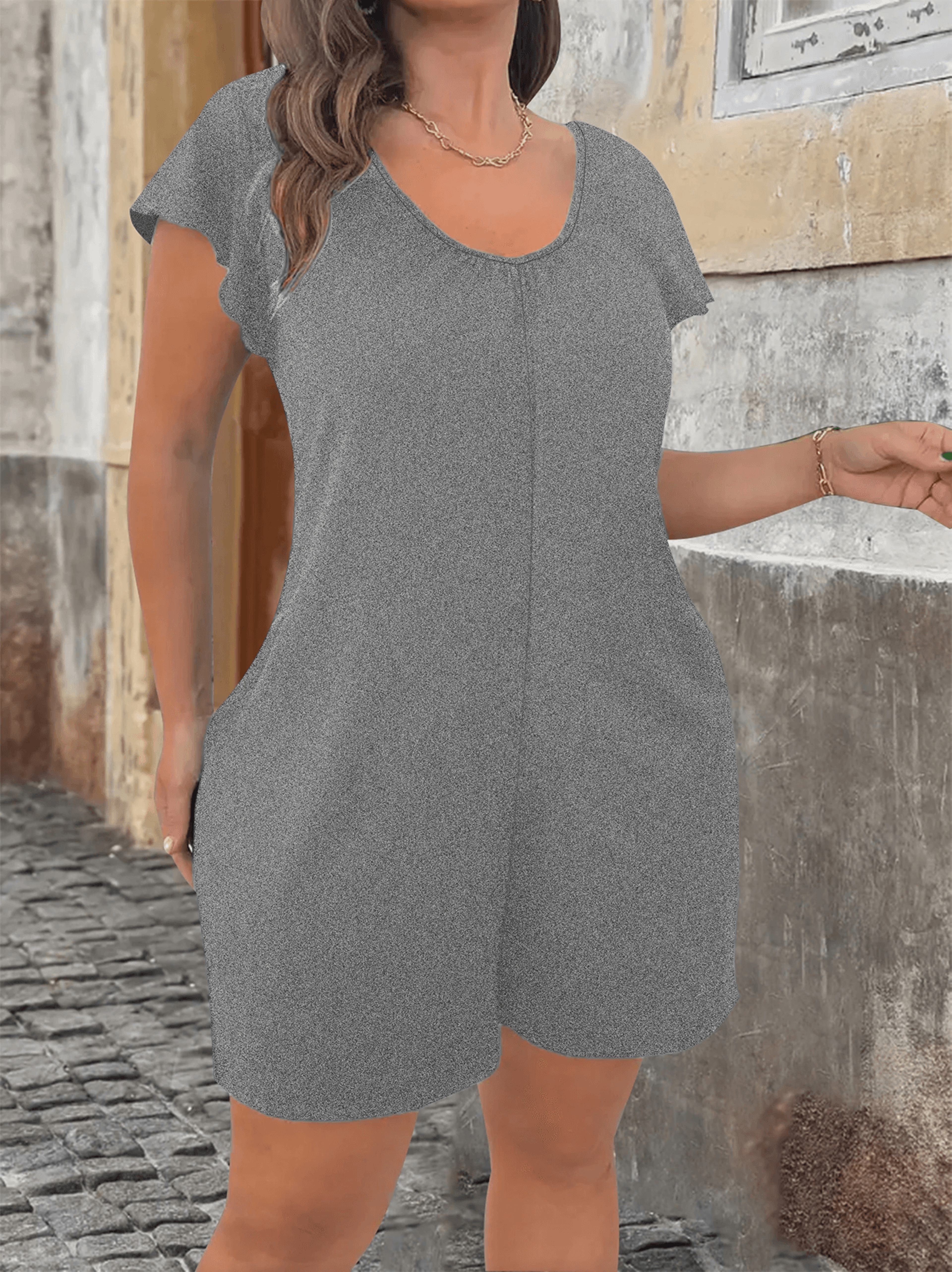 plus size v neck jumpsuit with flounce sleeves and pockets casual chic summer outfit