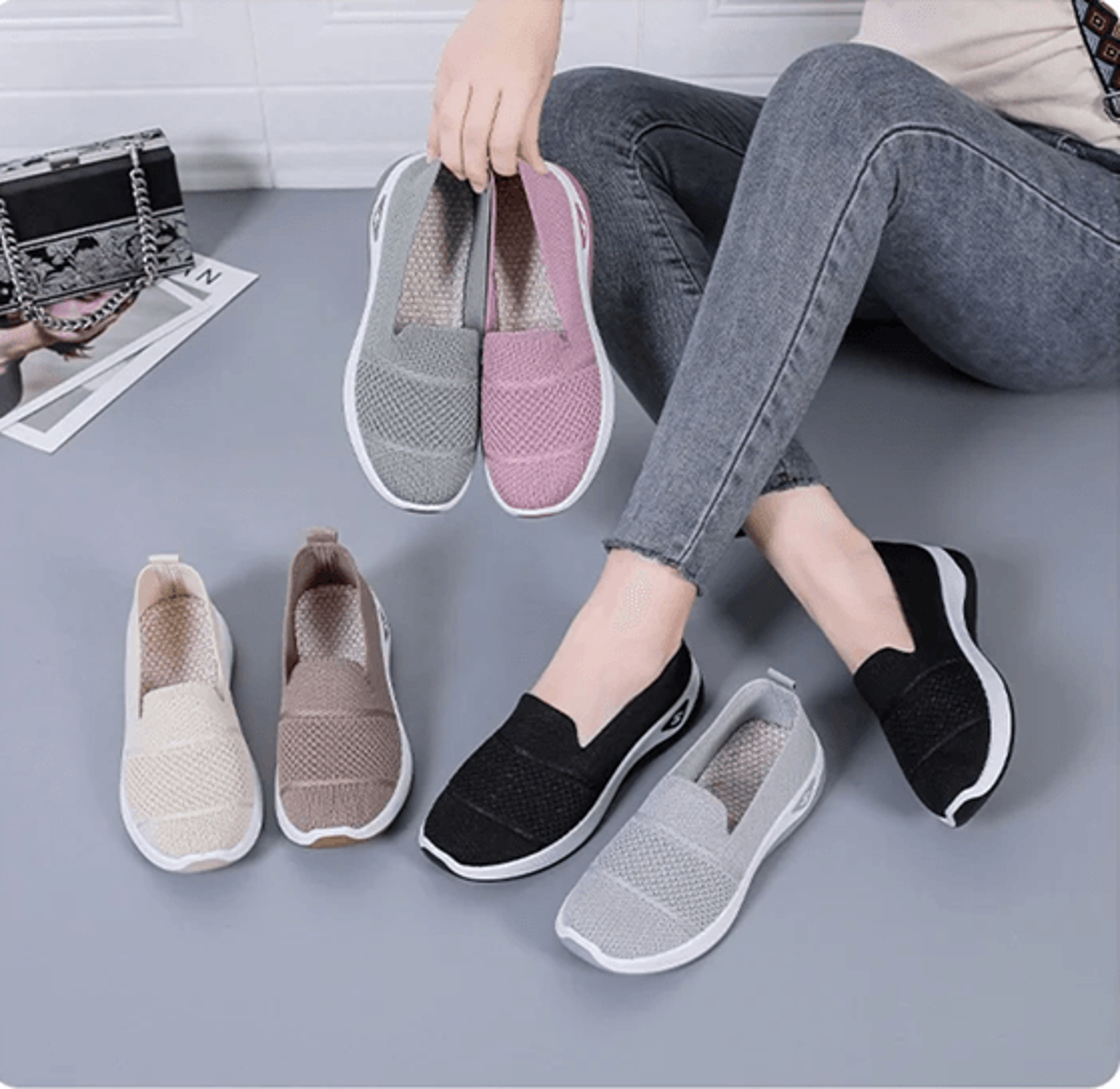 breathable wedge heel loafers for women slip on knitted walking shoes