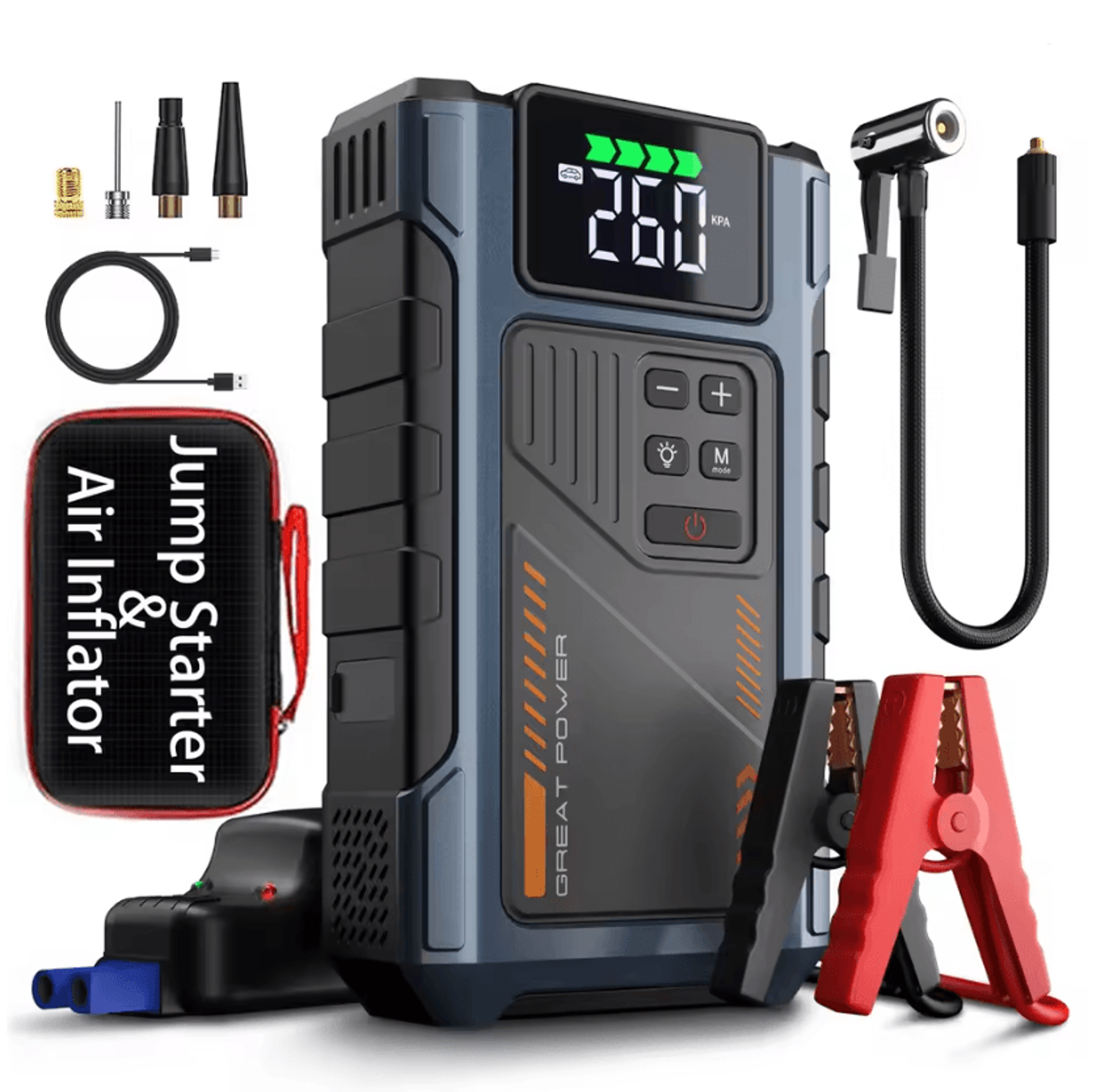 portable car jump starter with air compressor 3000a peak battery pack