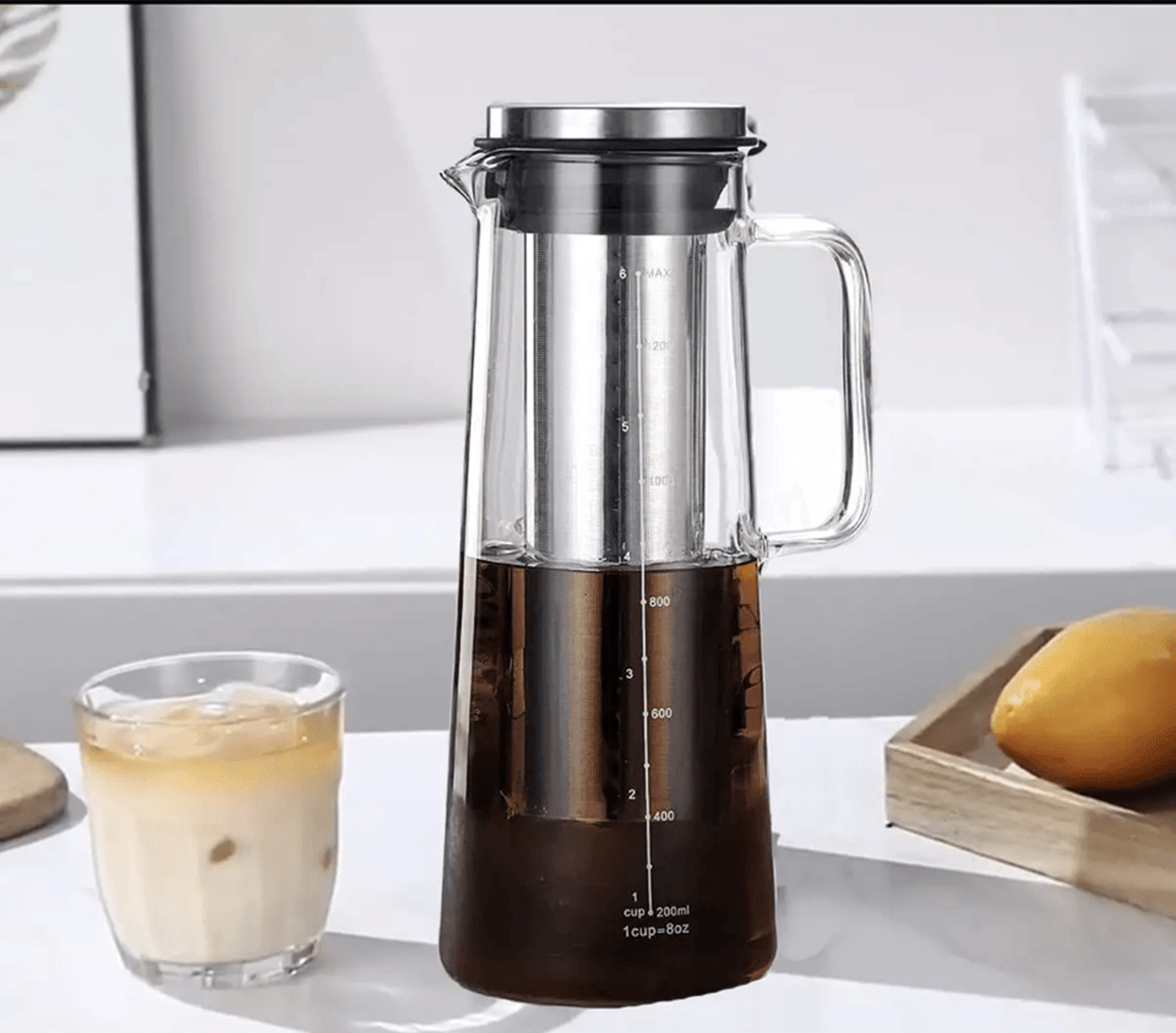 airtight cold brew coffee maker and tea infuser 34oz glass carafe with stainless steel filter