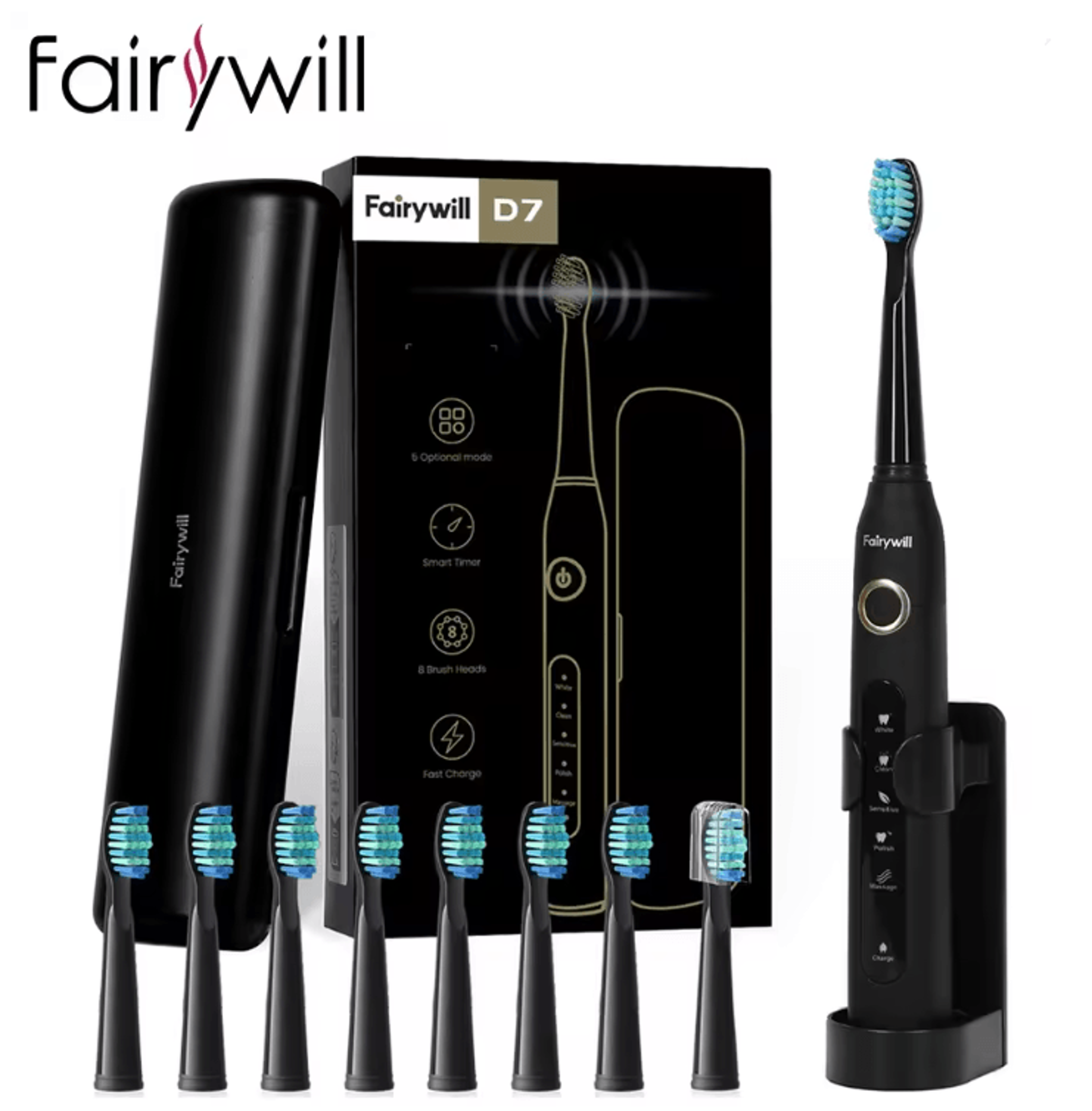 fairywill fw507 sonic electric toothbrush with 8 brush heads and travel case