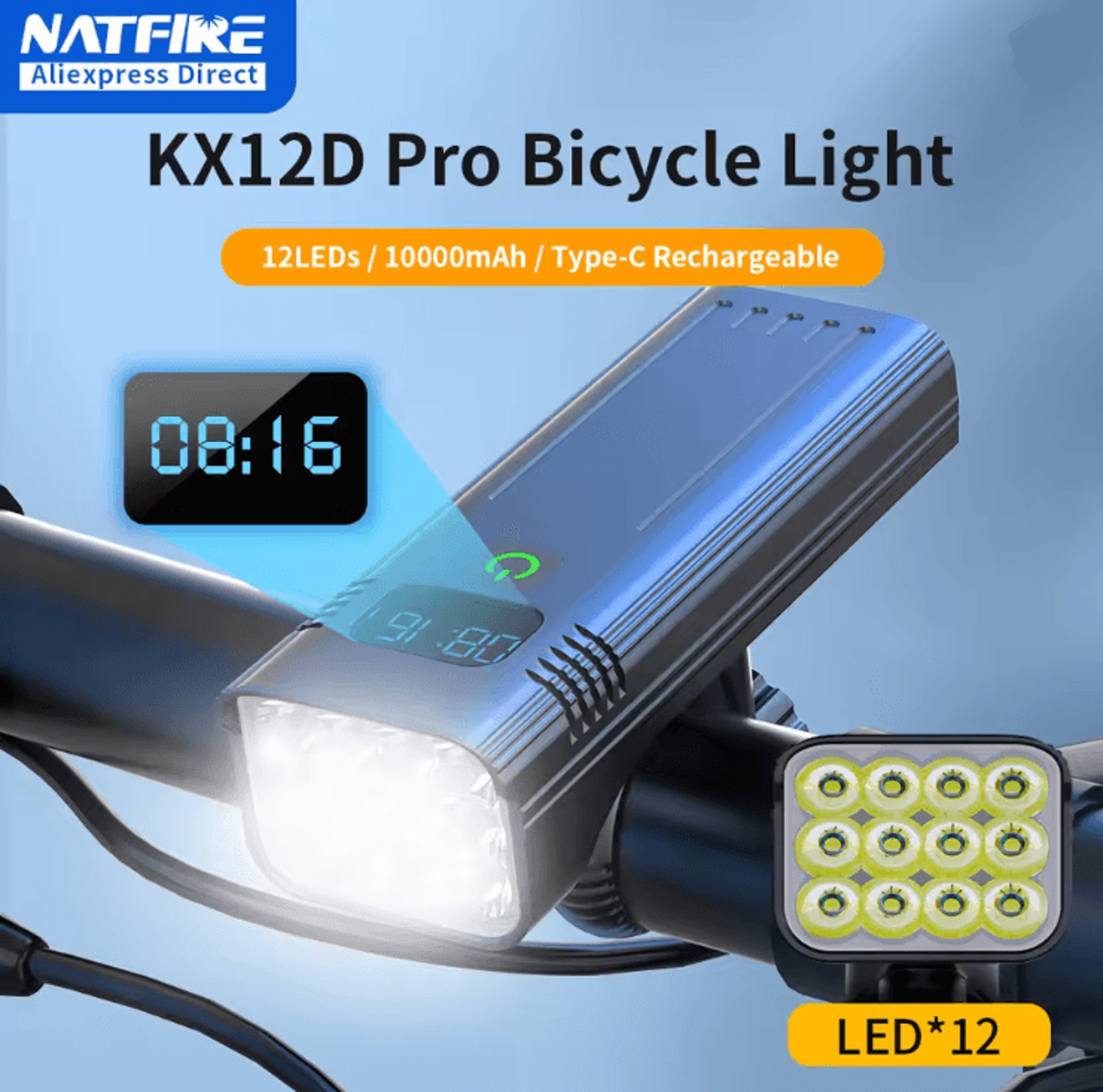 natfire 12 led rechargeable bike light with 10000mah power bank and high lumen headlight