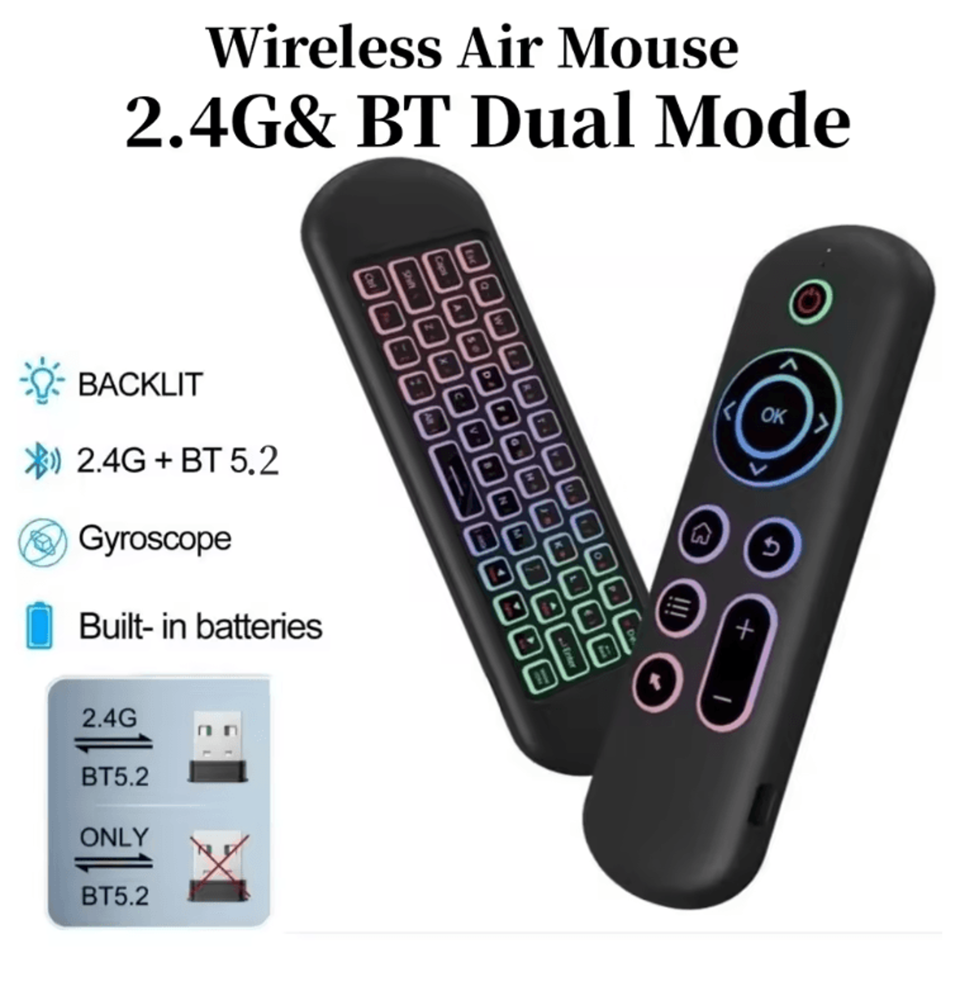 wireless air mouse remote with mini keyboard and 7 color backlight for smart tv and pc