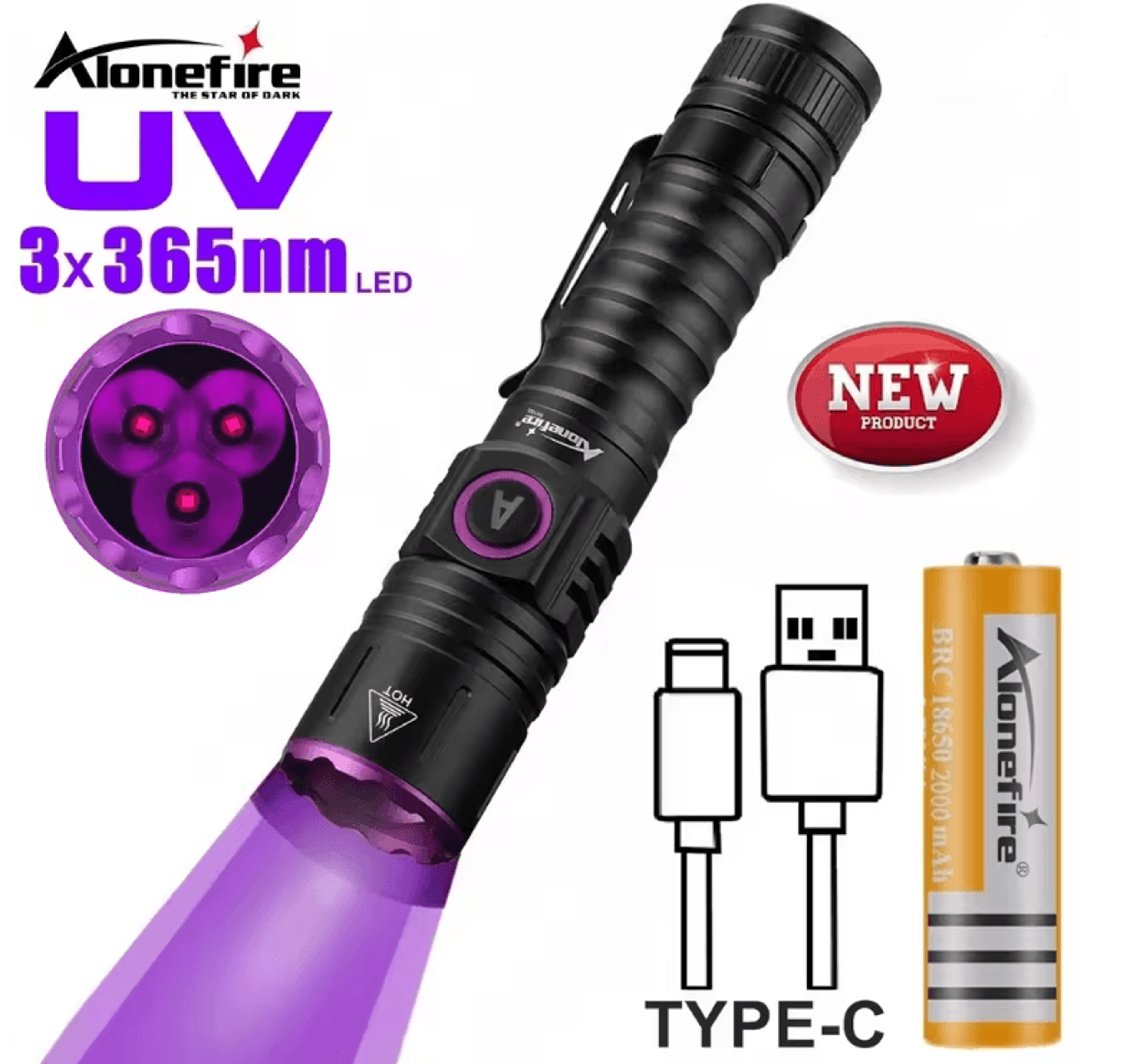 15w uv blacklight flashlight 365nm usb rechargeable for pet stains money and mineral detection