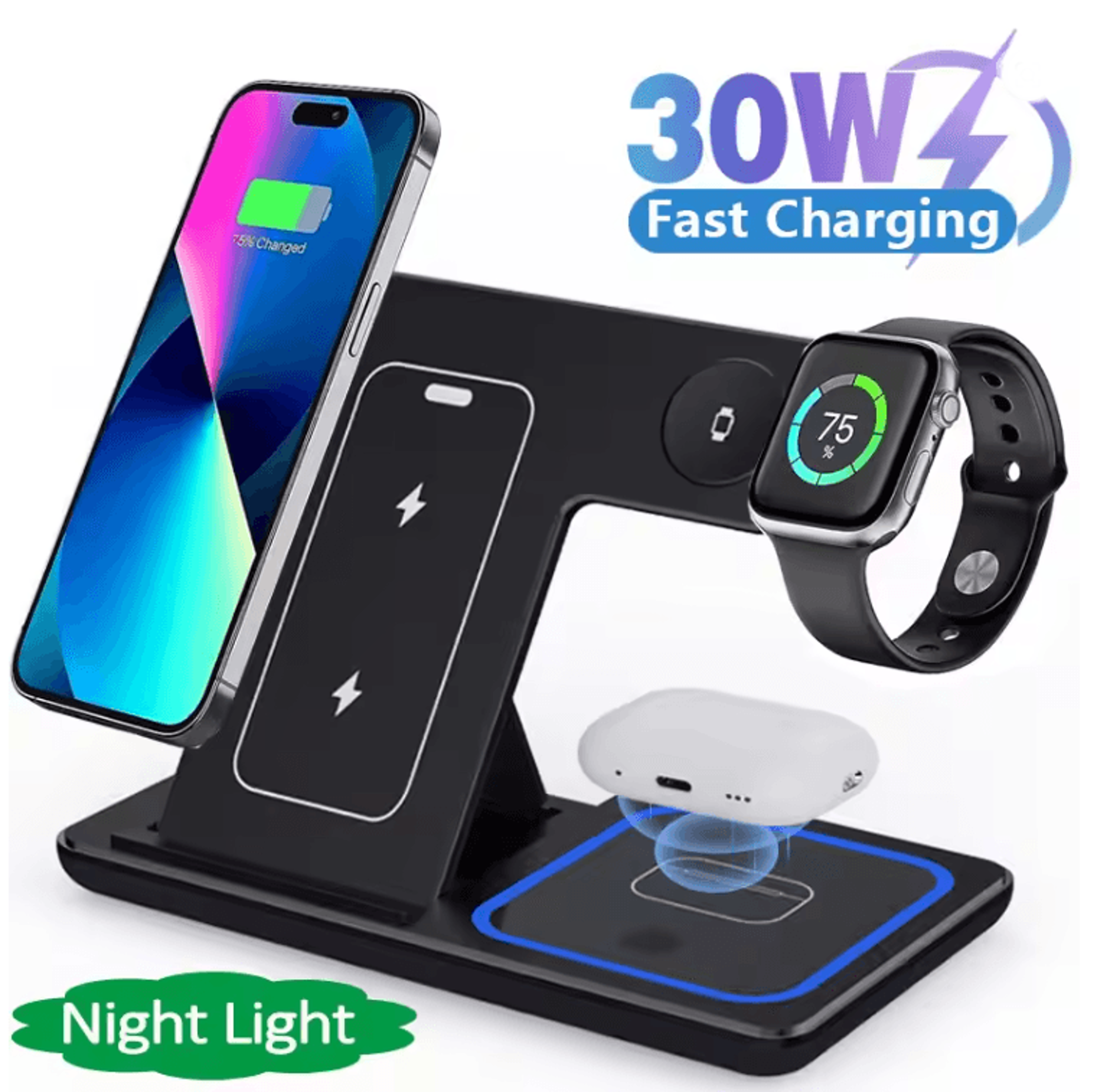 30w led fast wireless charger stand 3 in 1 foldable charging station for iphone apple watch and airpods