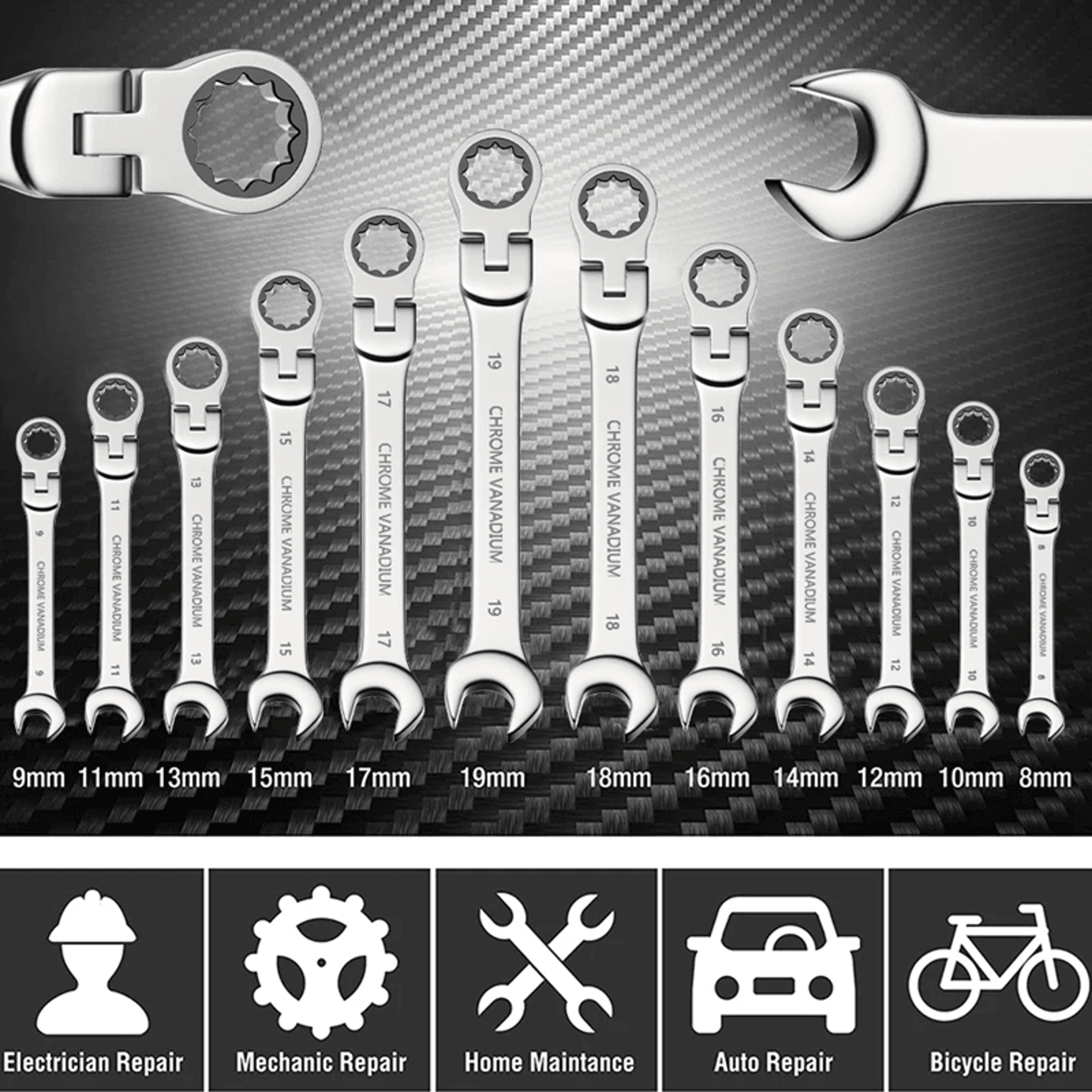 metric ratcheting combination wrench set with flex head and carrying bag