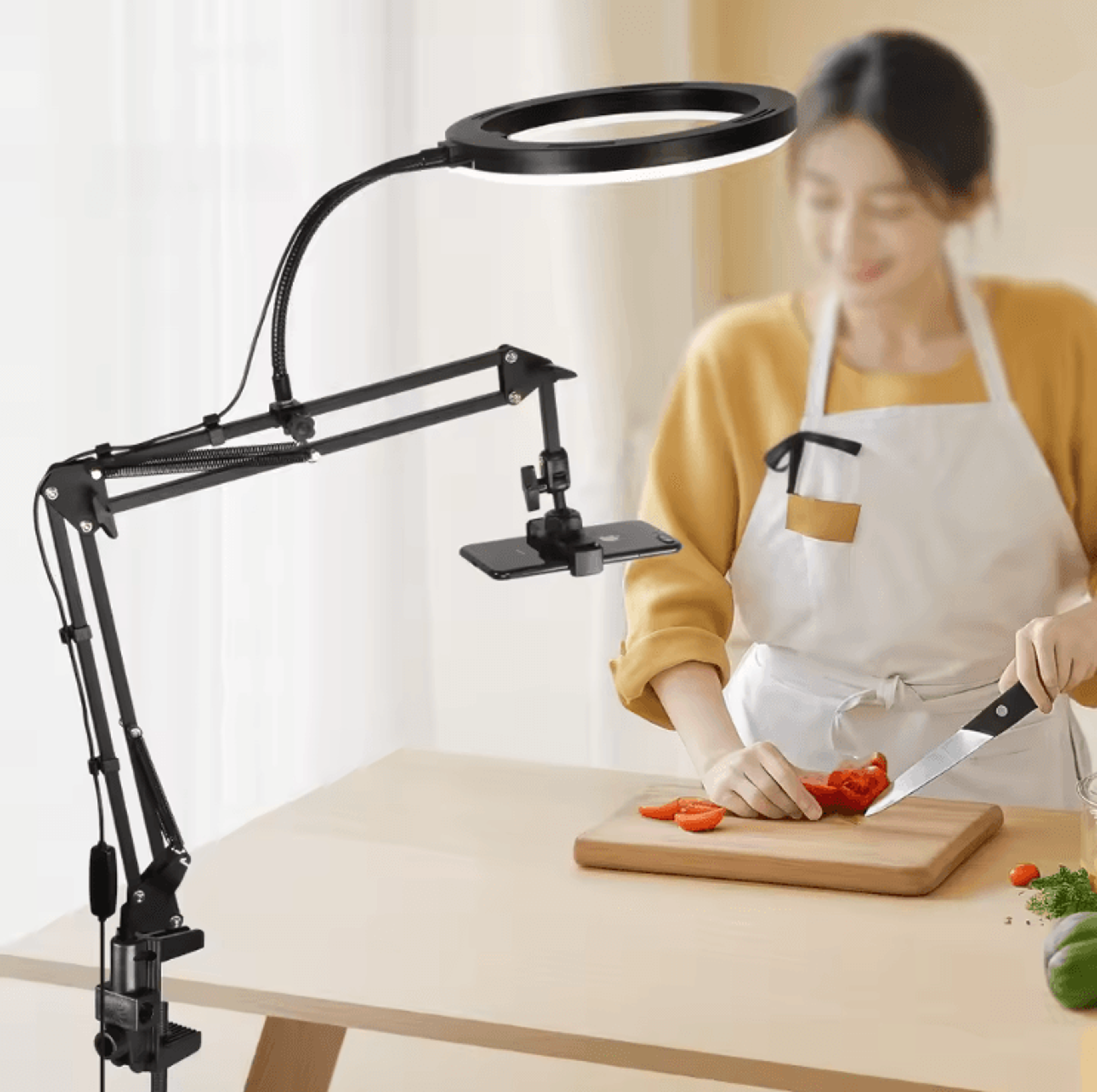 professional overhead phone stand with lighting for recording video and live streaming