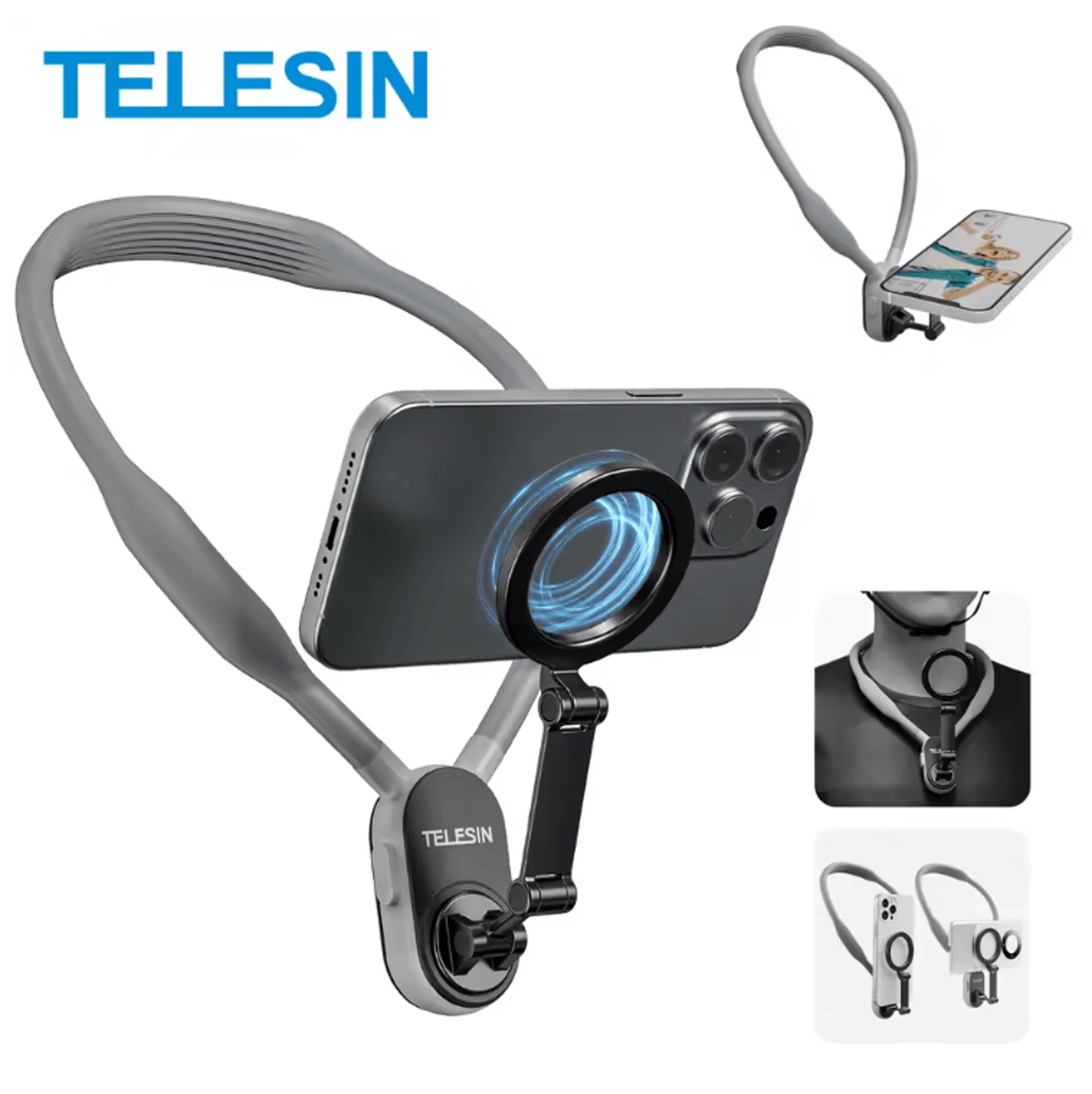 magnetic neck phone holder with quick release silicone mount
