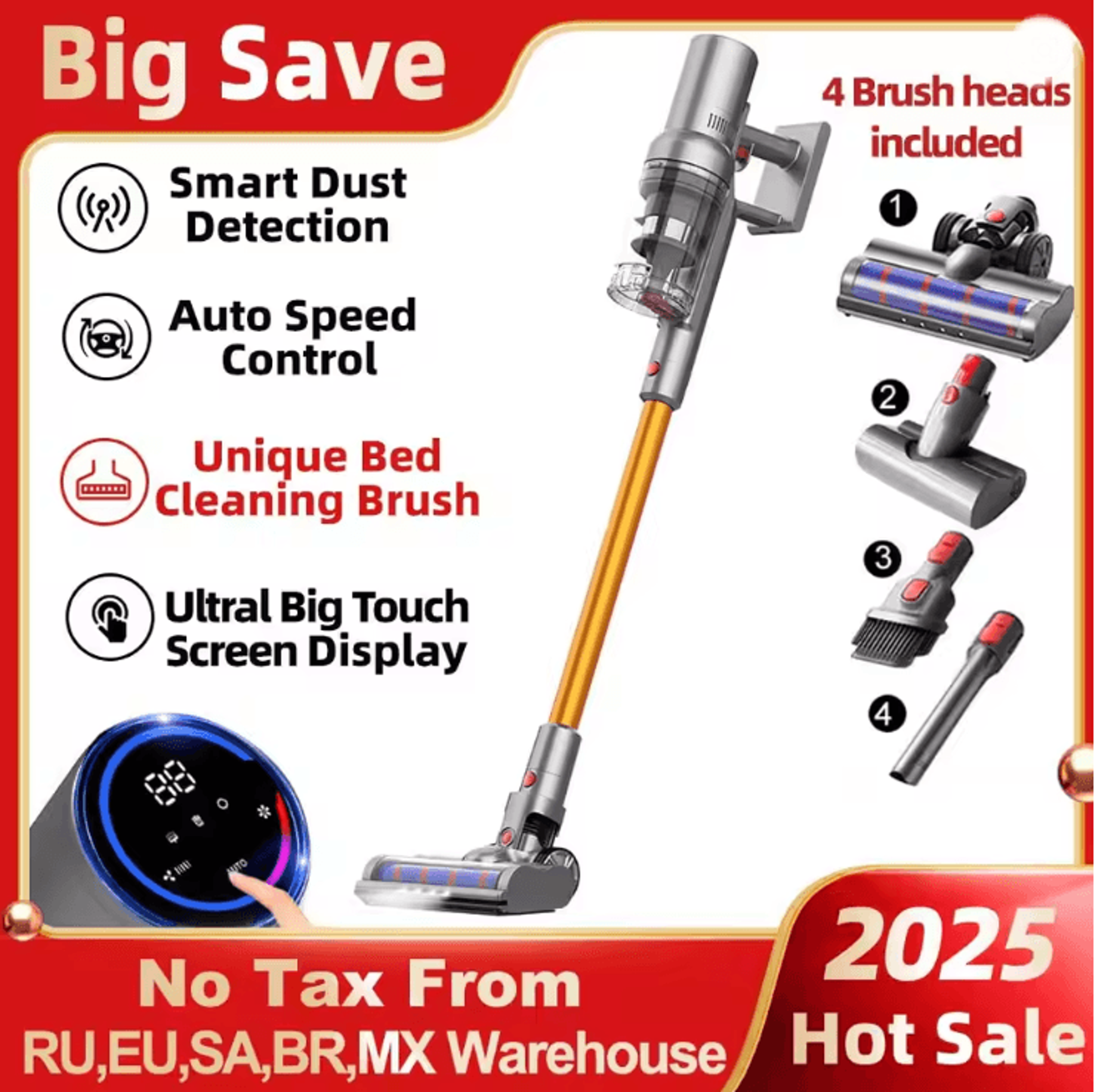 cordless smart vacuum cleaner with touch screen and auto speed control