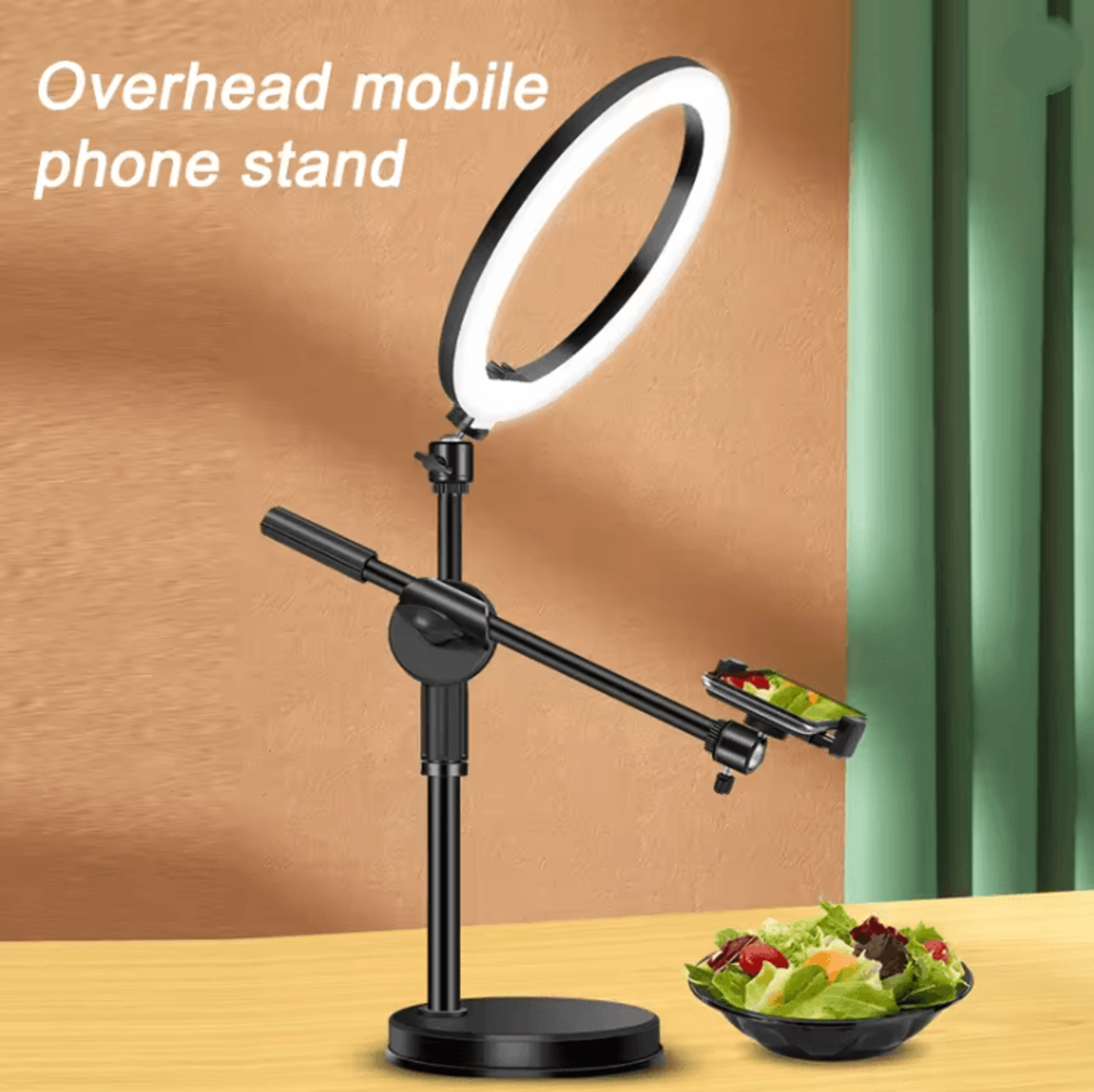 overhead tripod with ring light and phone holder for photography and video