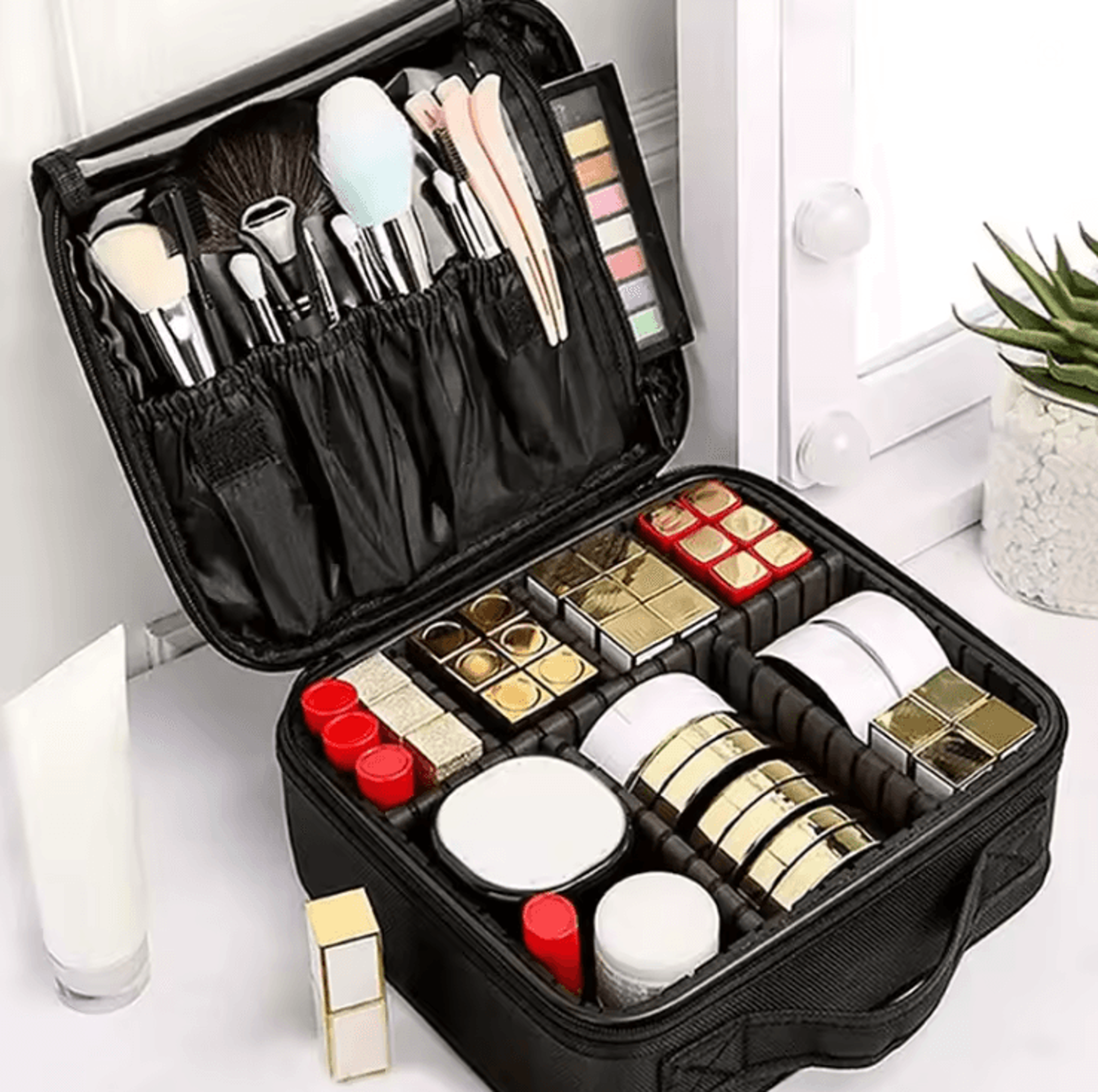 waterproof travel makeup bag with cosmetic storage and brush organizer