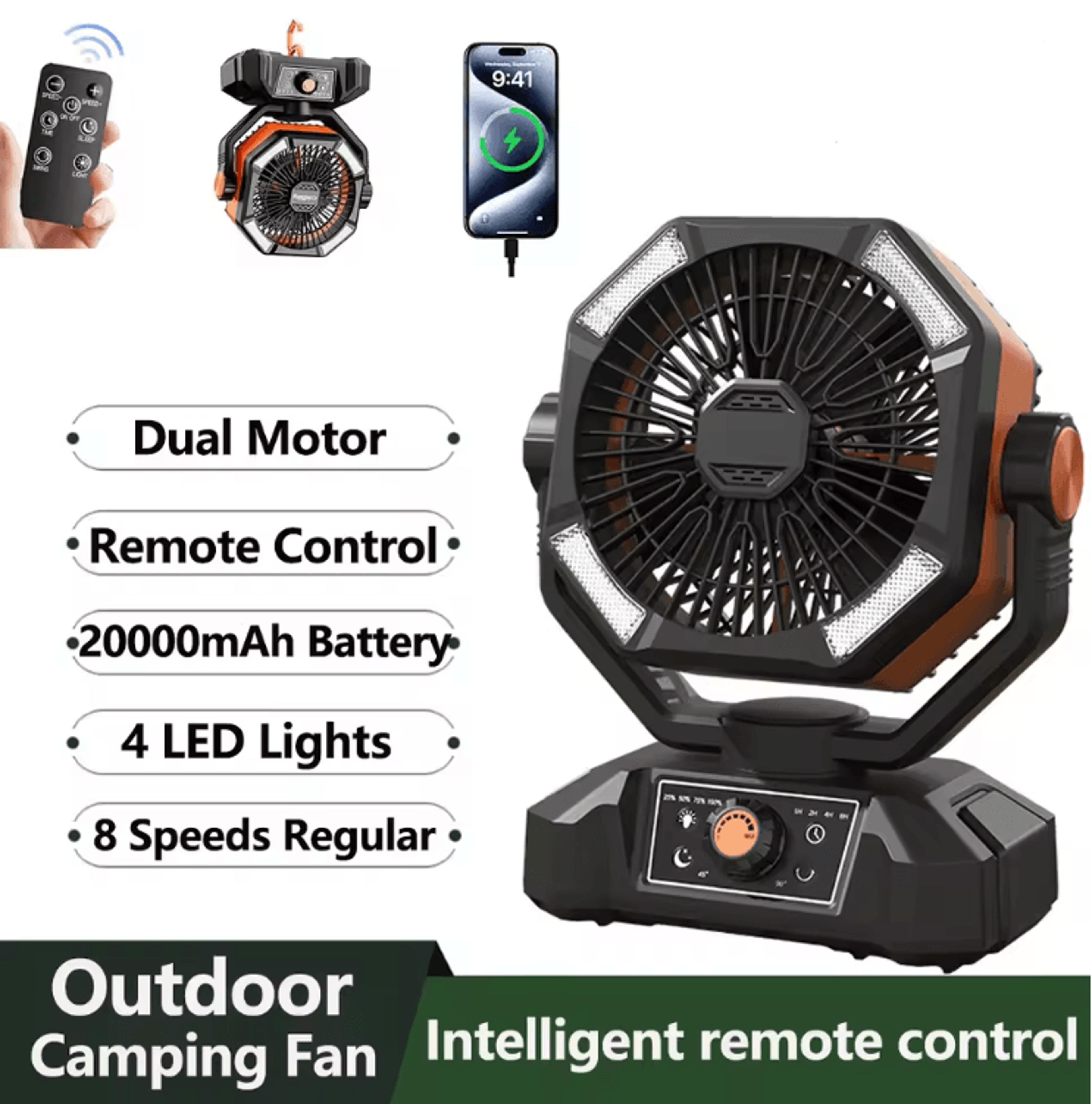 portable camping fan with 20000mah battery and led lantern for outdoor use