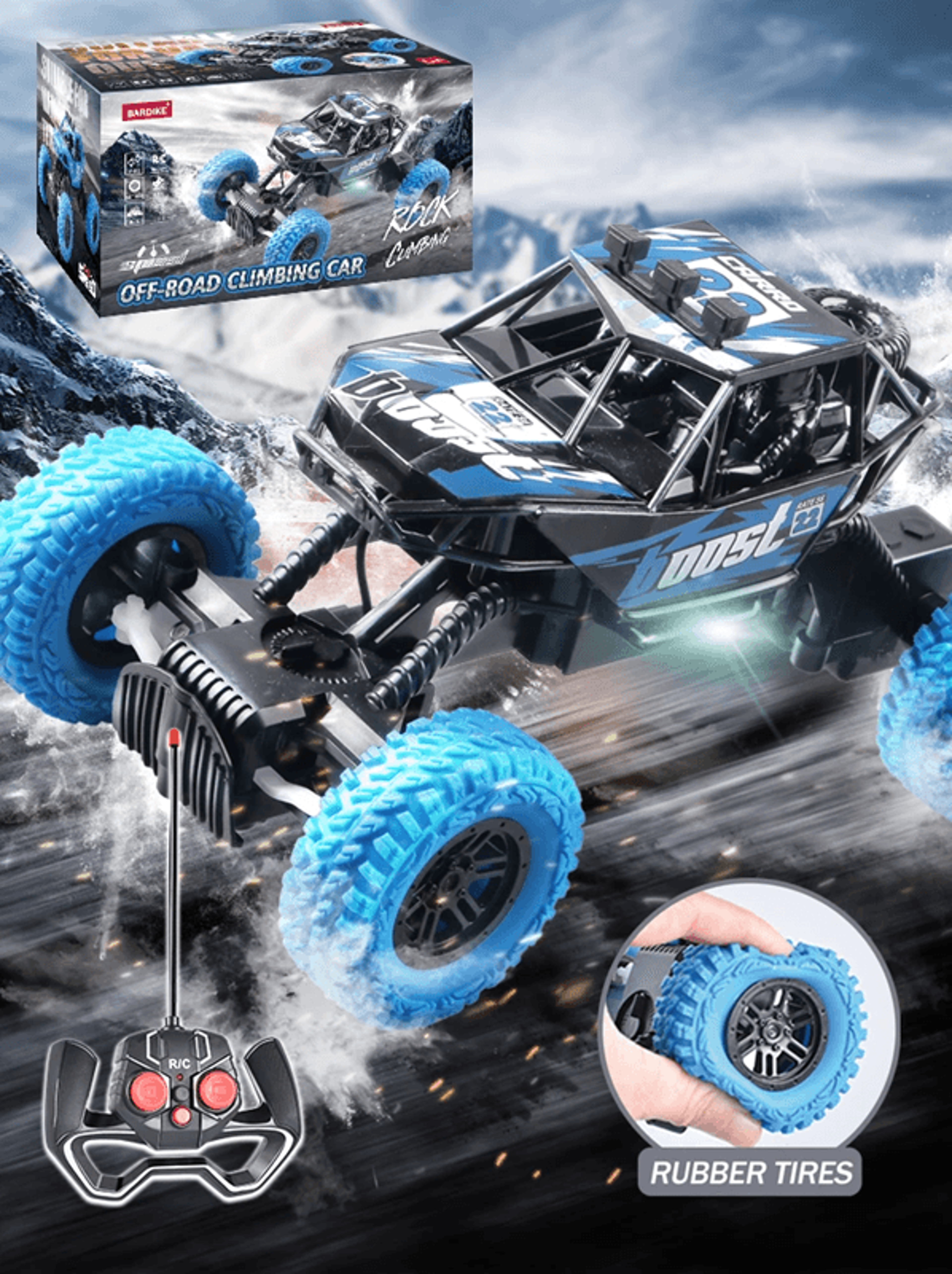 remote control off road toy car with flashing lights and rubber wheels