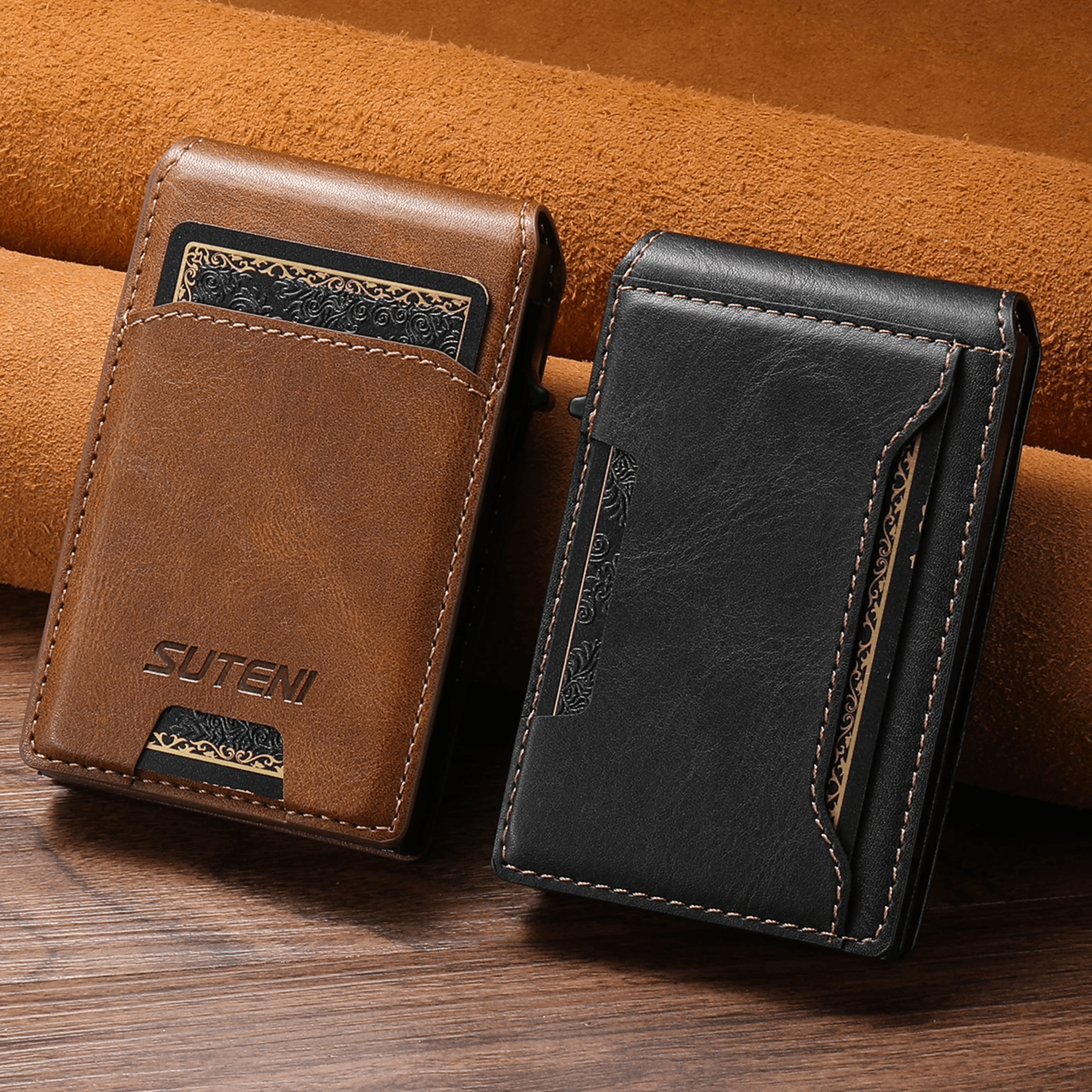 mens pu leather wallet with card holder and automatic ejector