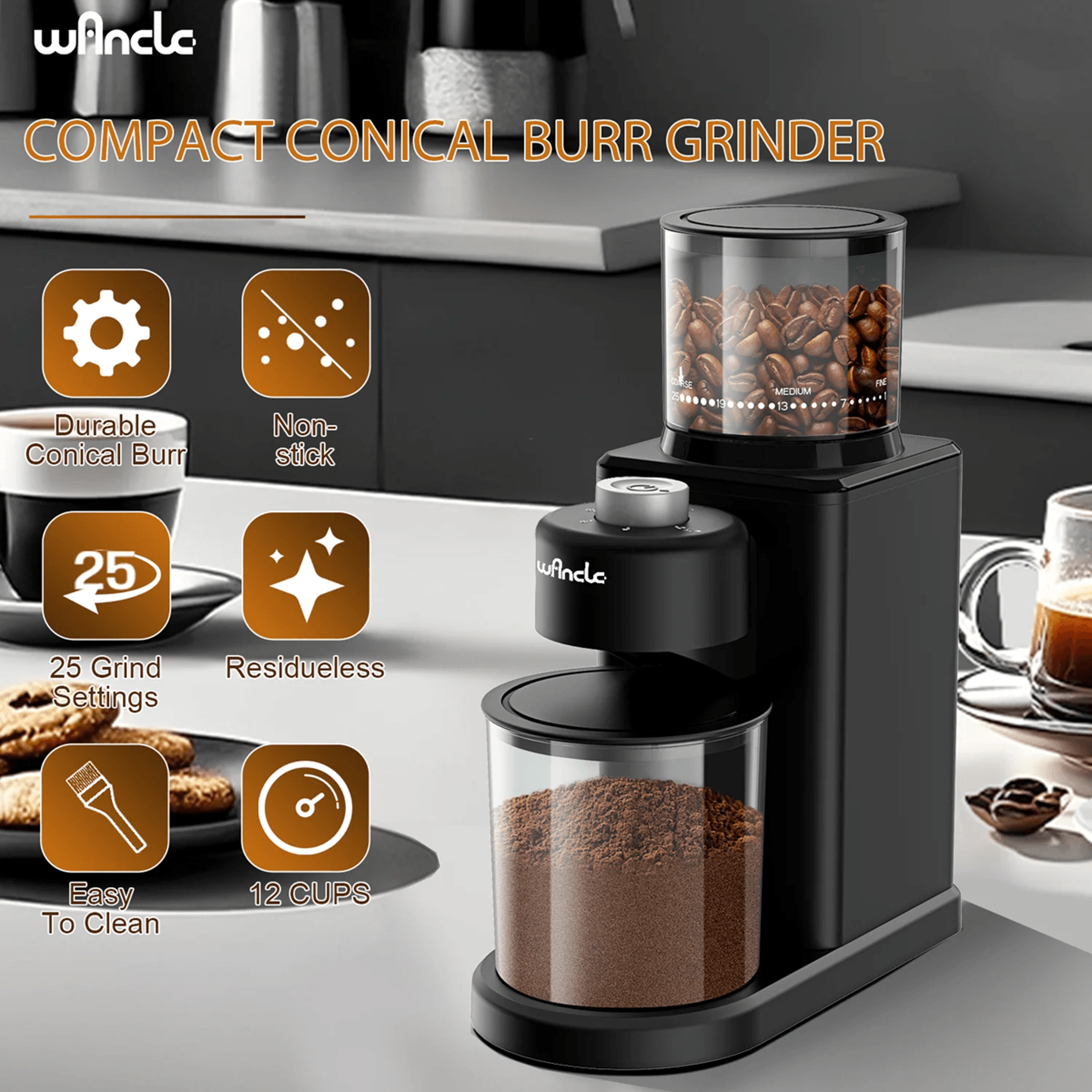 automatic electric coffee grinder conical burr with 25 grind settings and powder blower