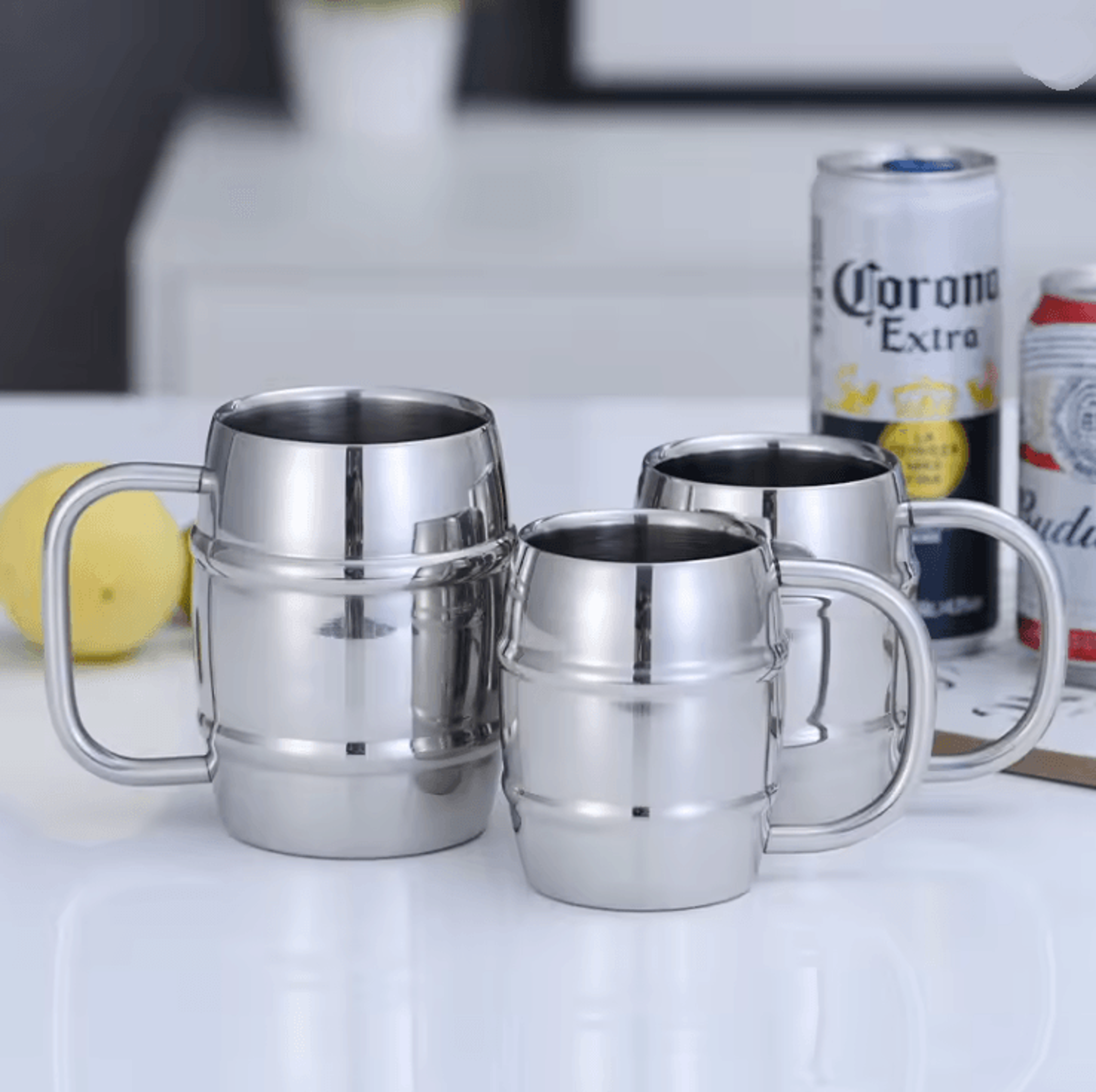 double wall stainless steel beer mug insulated coffee cup with handle for camping and outdoor use