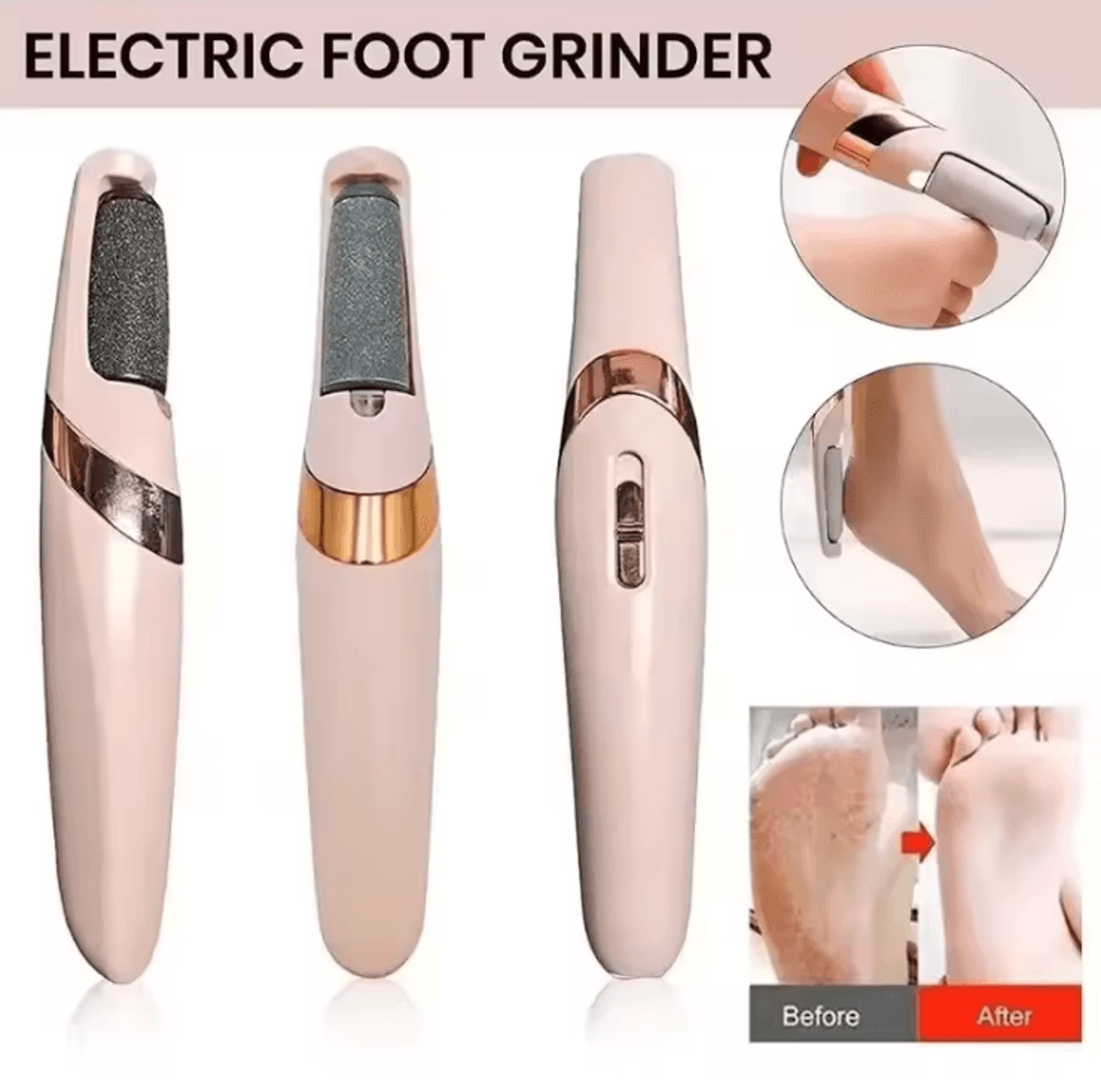 rechargeable electric foot grinder with removable roller heads for smooth feet