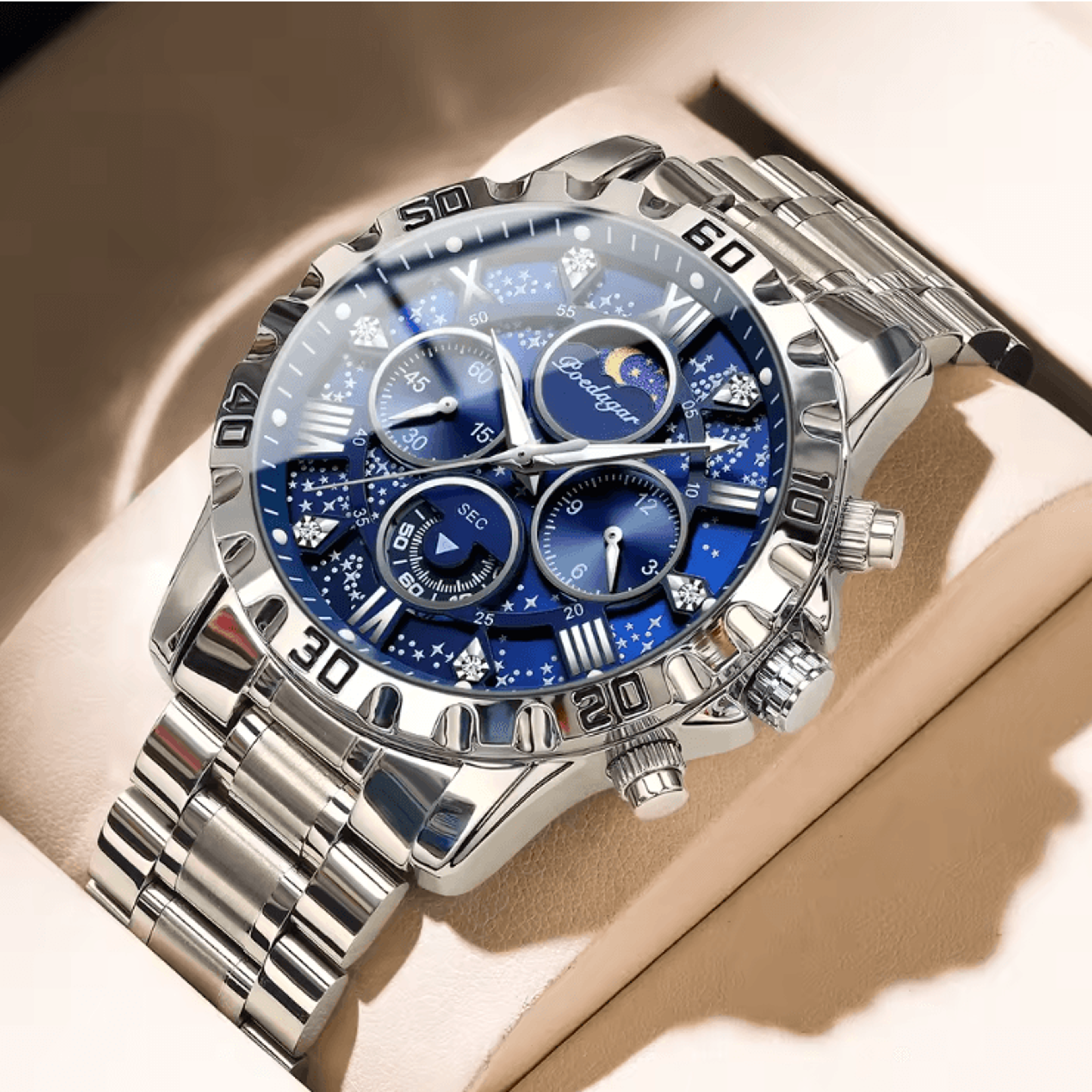 luxury stainless steel chronograph watch for men waterproof quartz design