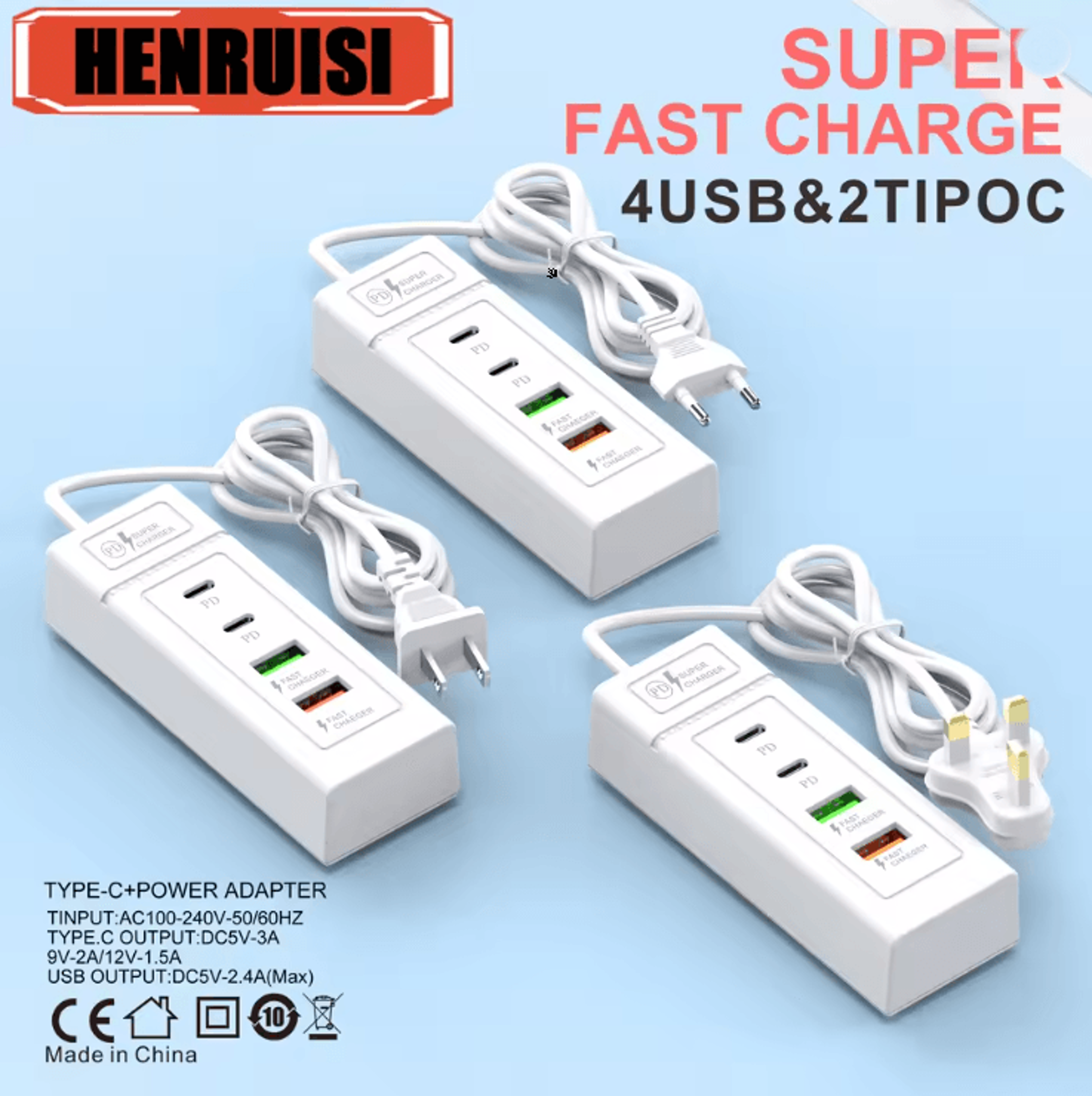 usb power strip charger station with type c fast charging plug