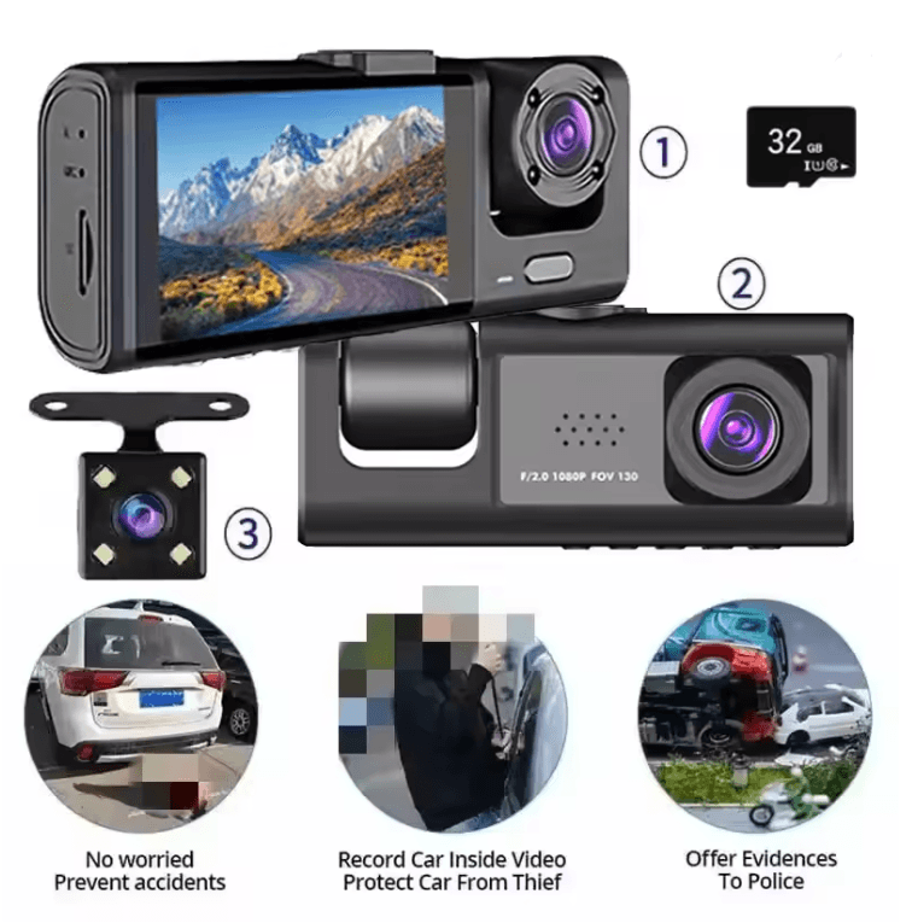 all around guard 3 channel dash cam with ir night vision and loop recording