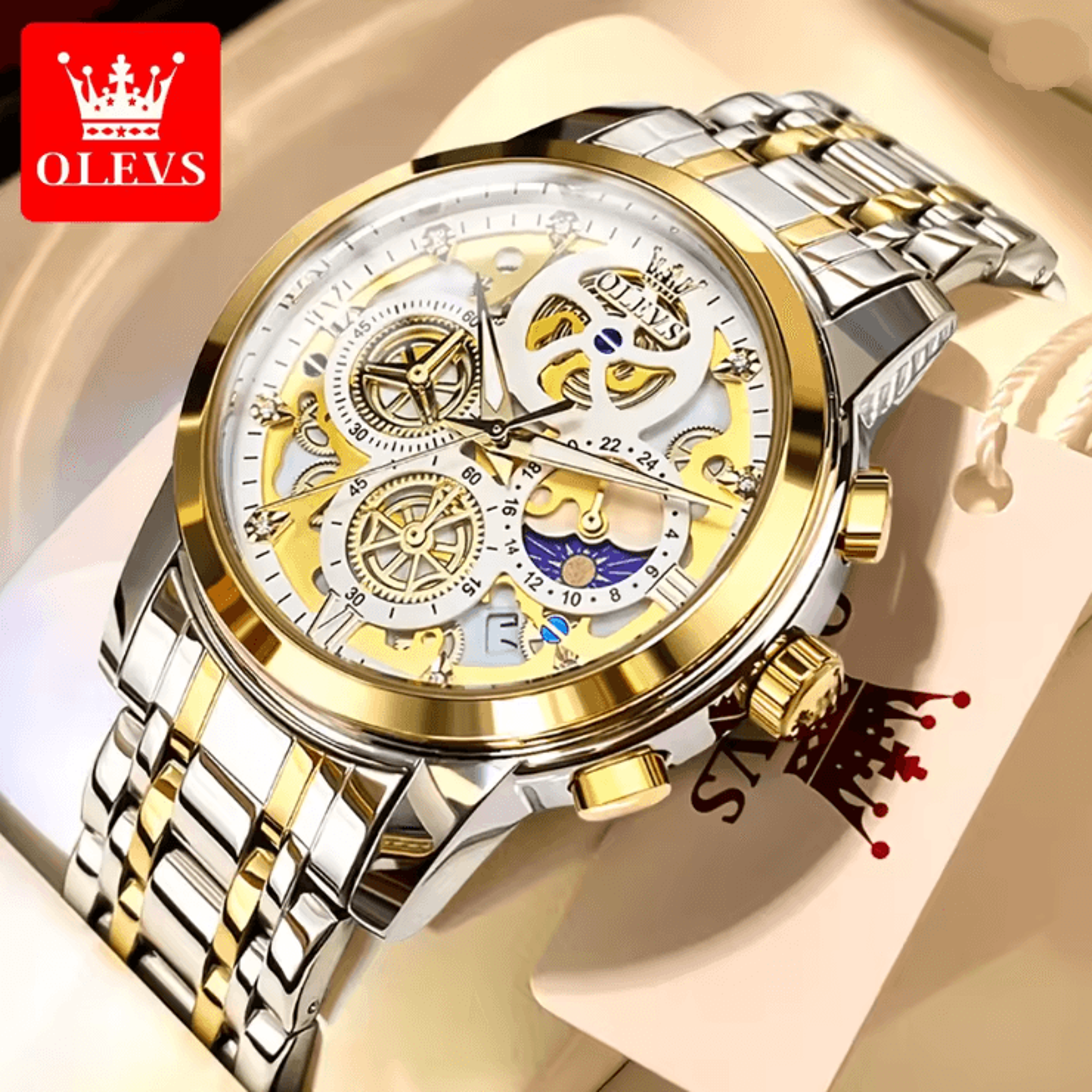 olevs luxury skeleton quartz watch for men waterproof day night display