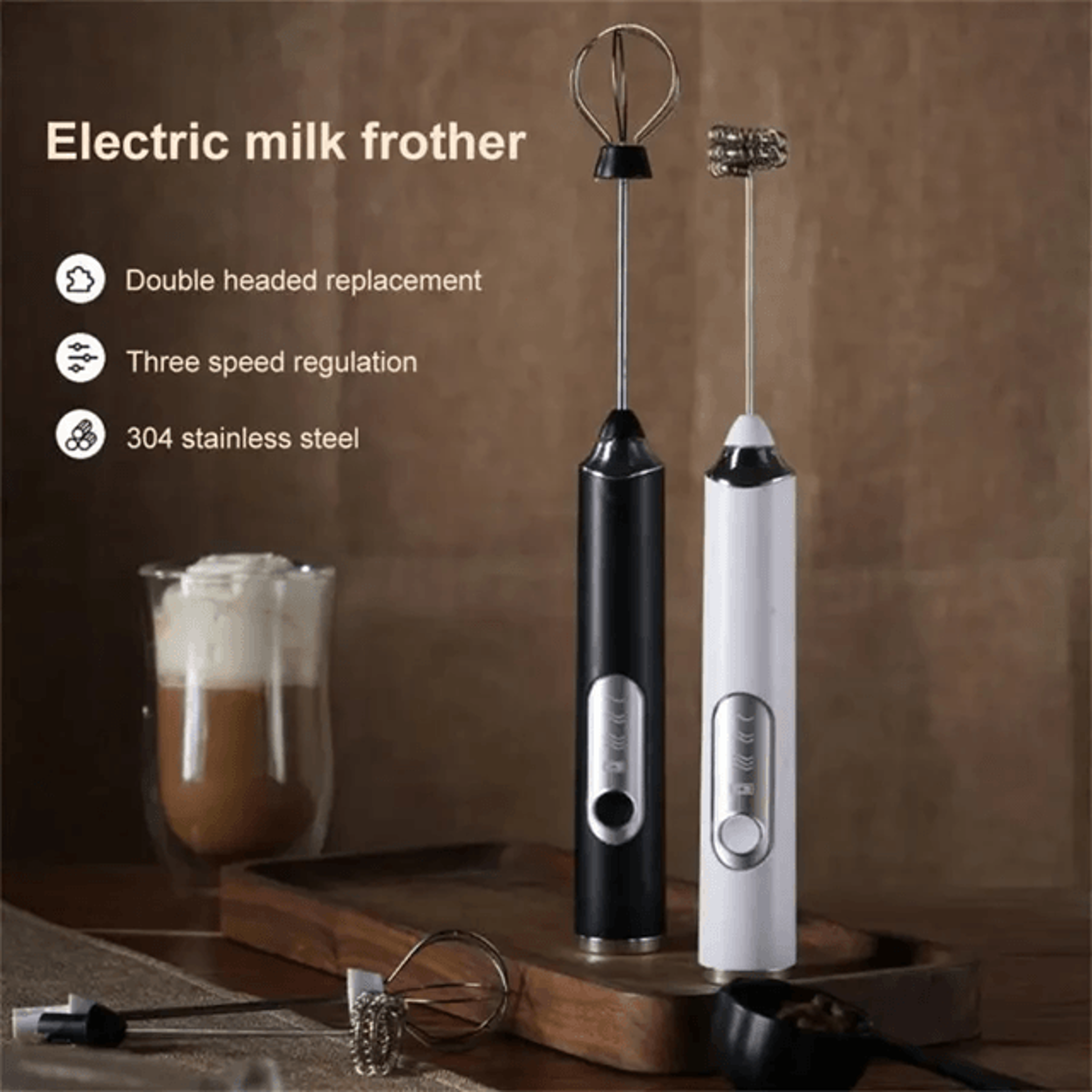 wireless handheld milk frother with double whisk and three speed control