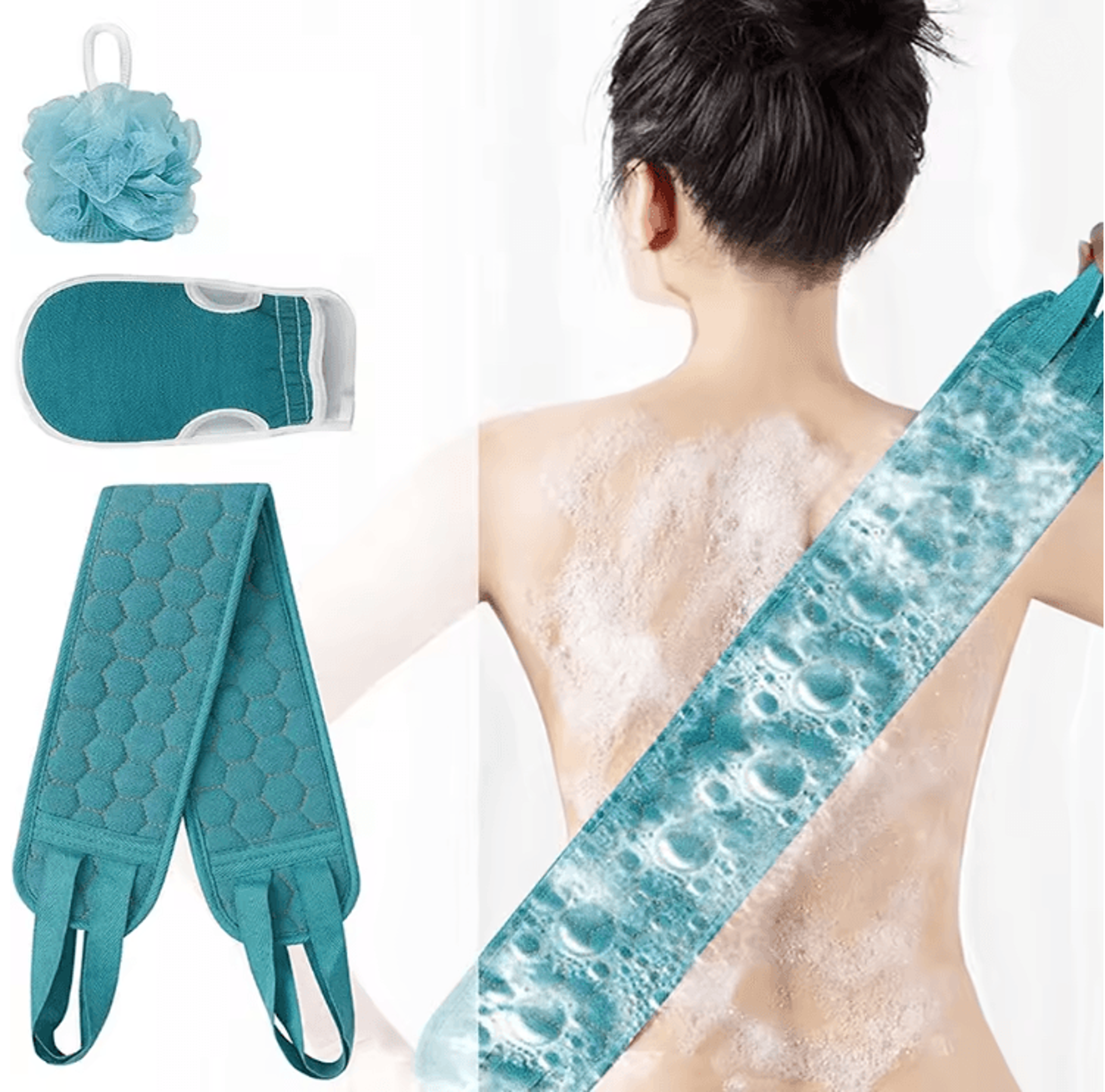 exfoliating body scrubber set with back scrubber bath glove and loofah sponge