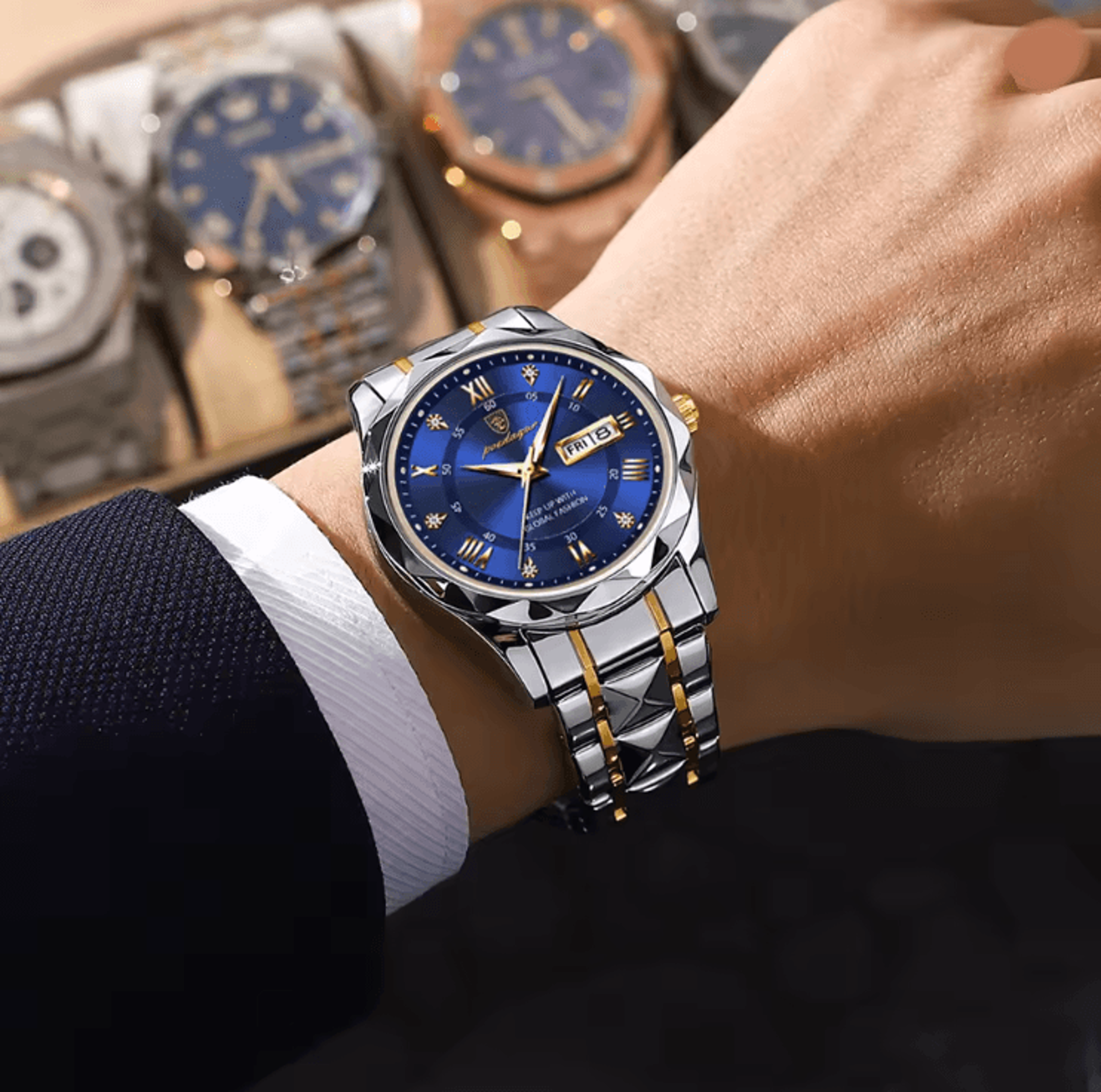 prestigetime luxury stainless steel mens watch with luminous dial and waterproof design
