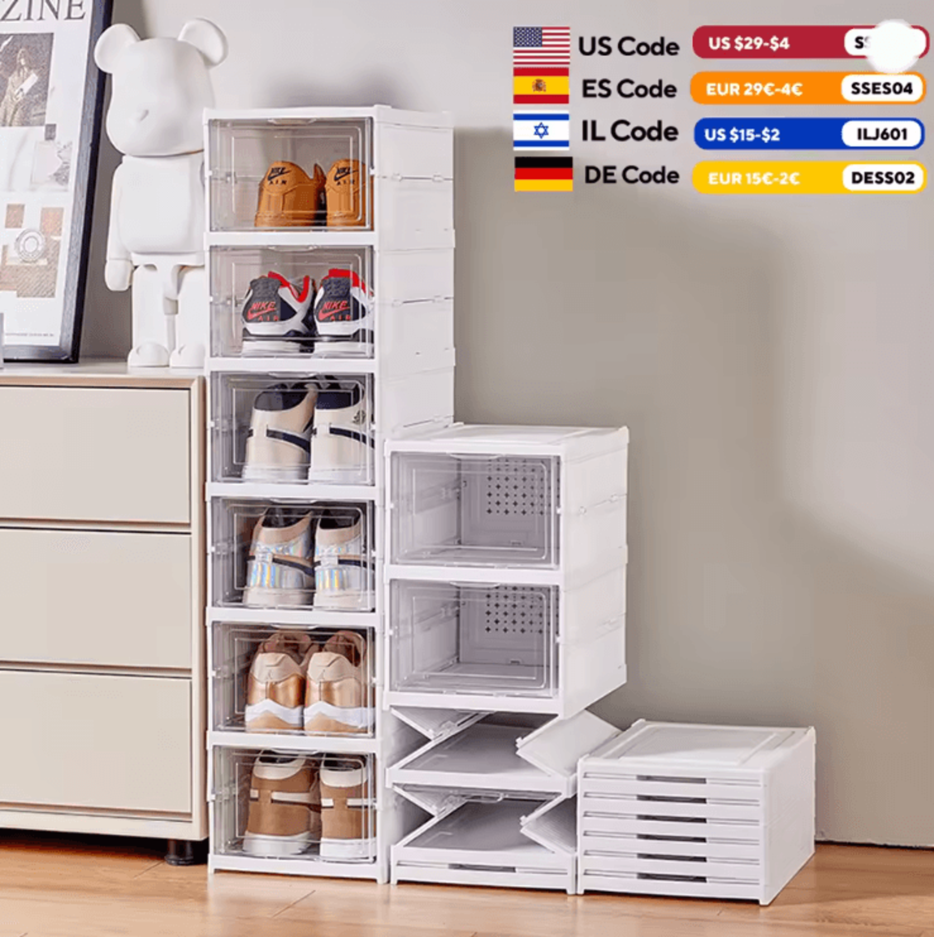 6 layer stackable transparent shoe storage box organizer