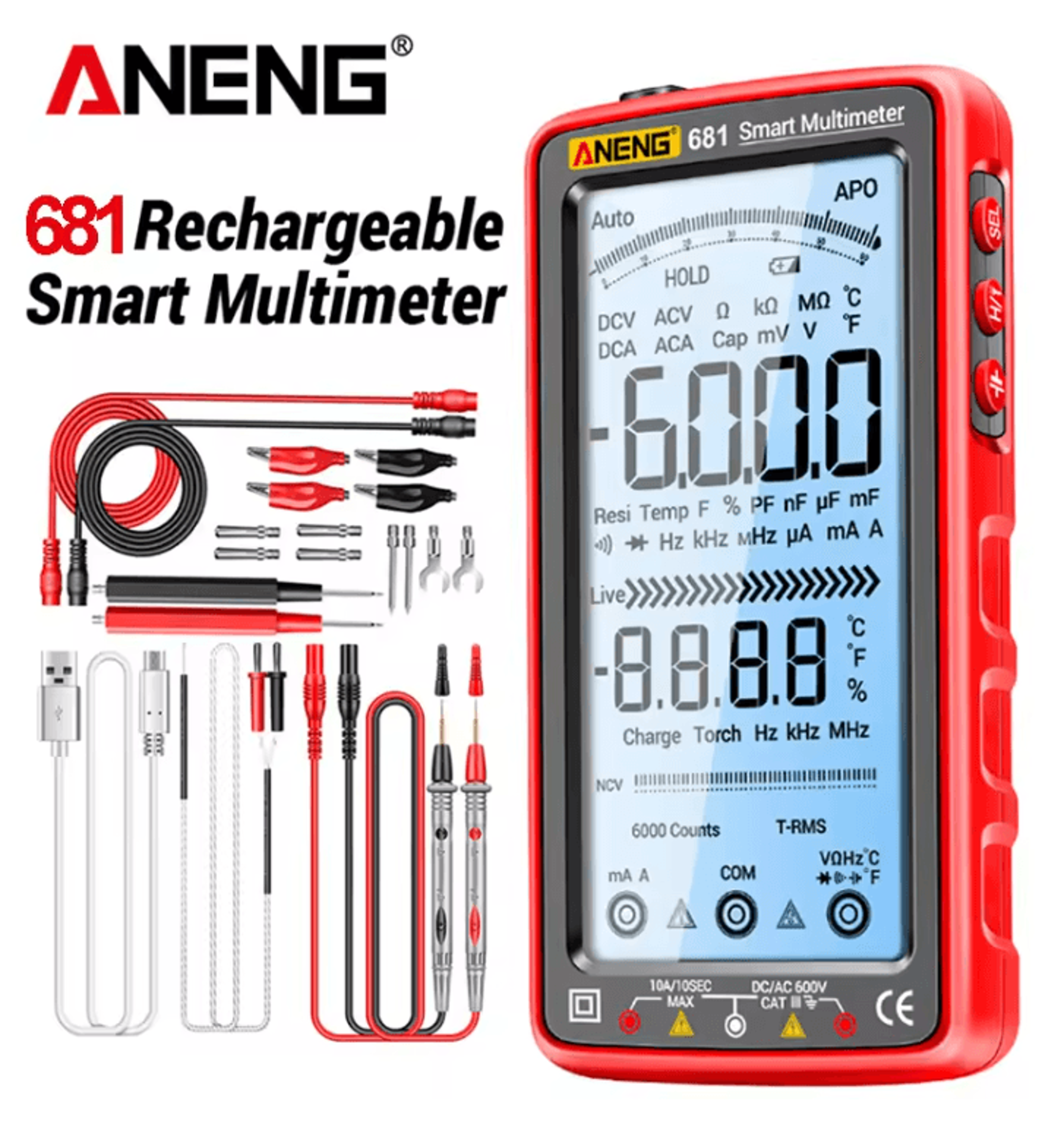 aneng 681 rechargeable digital multimeter with non contact voltage detection