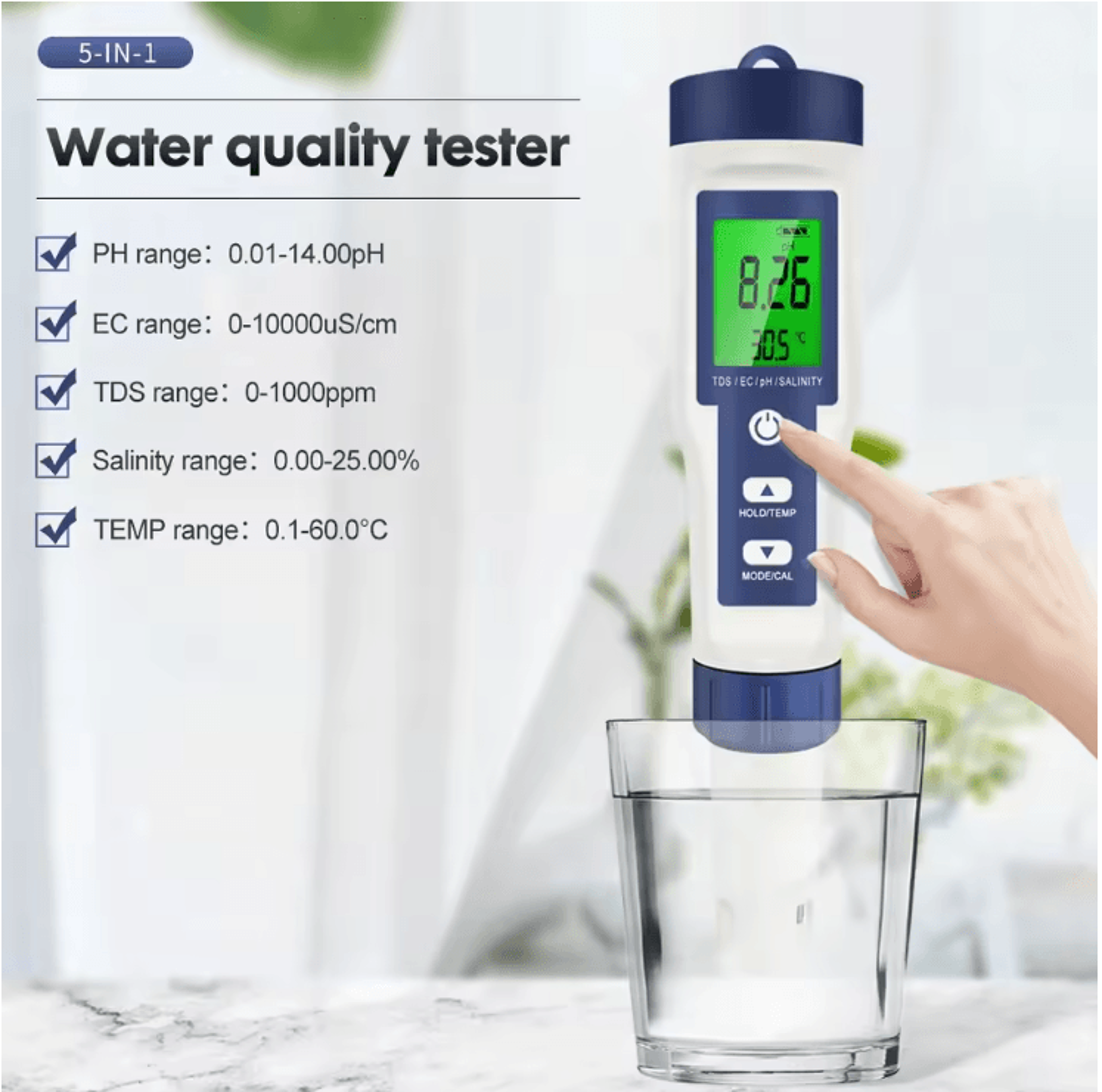 hydrosense 5 in 1 digital water quality tester with ph tds ec salinity and temperature display