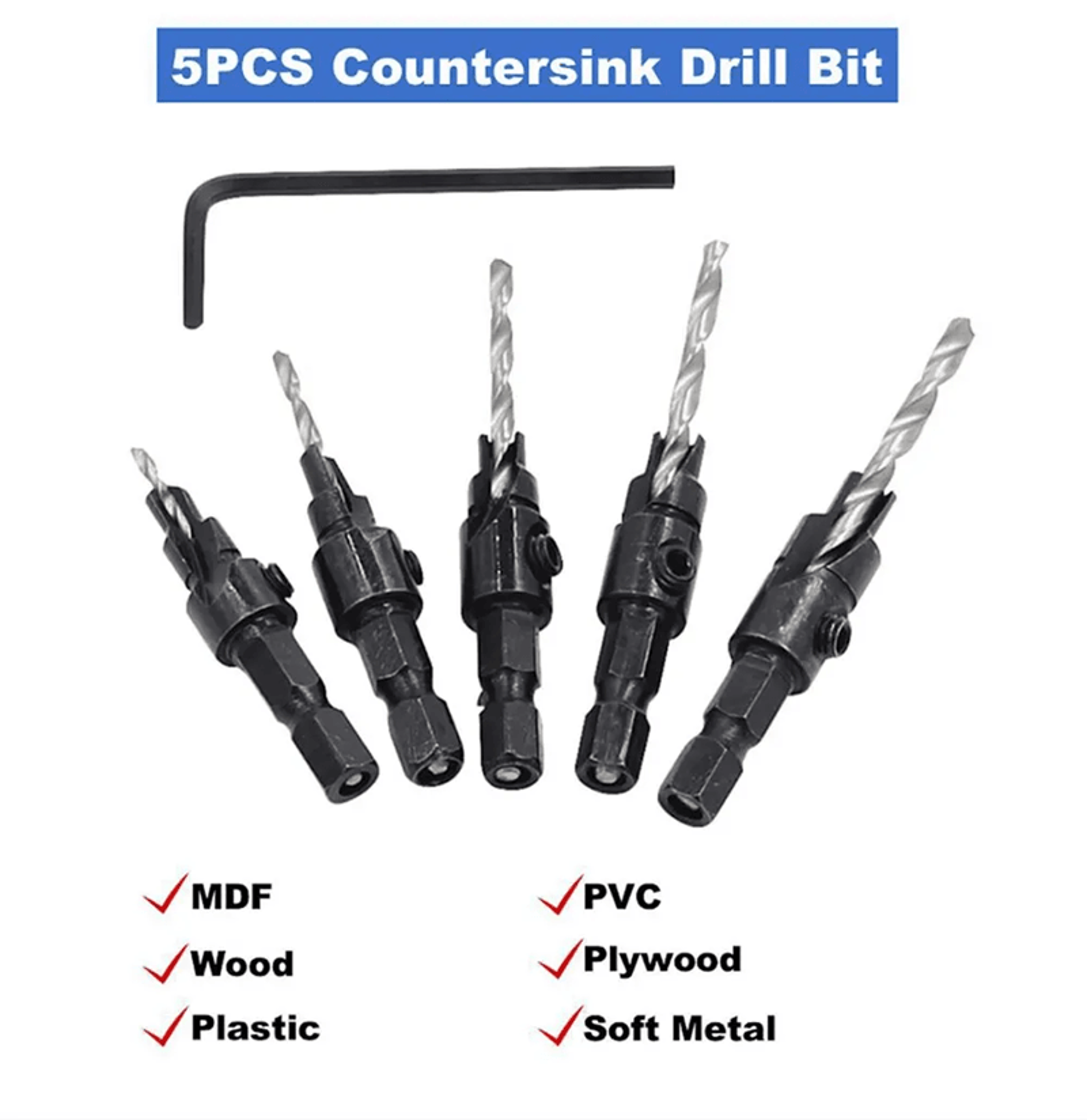 prodrill 5 piece woodworking countersink and chamfer drill bit set