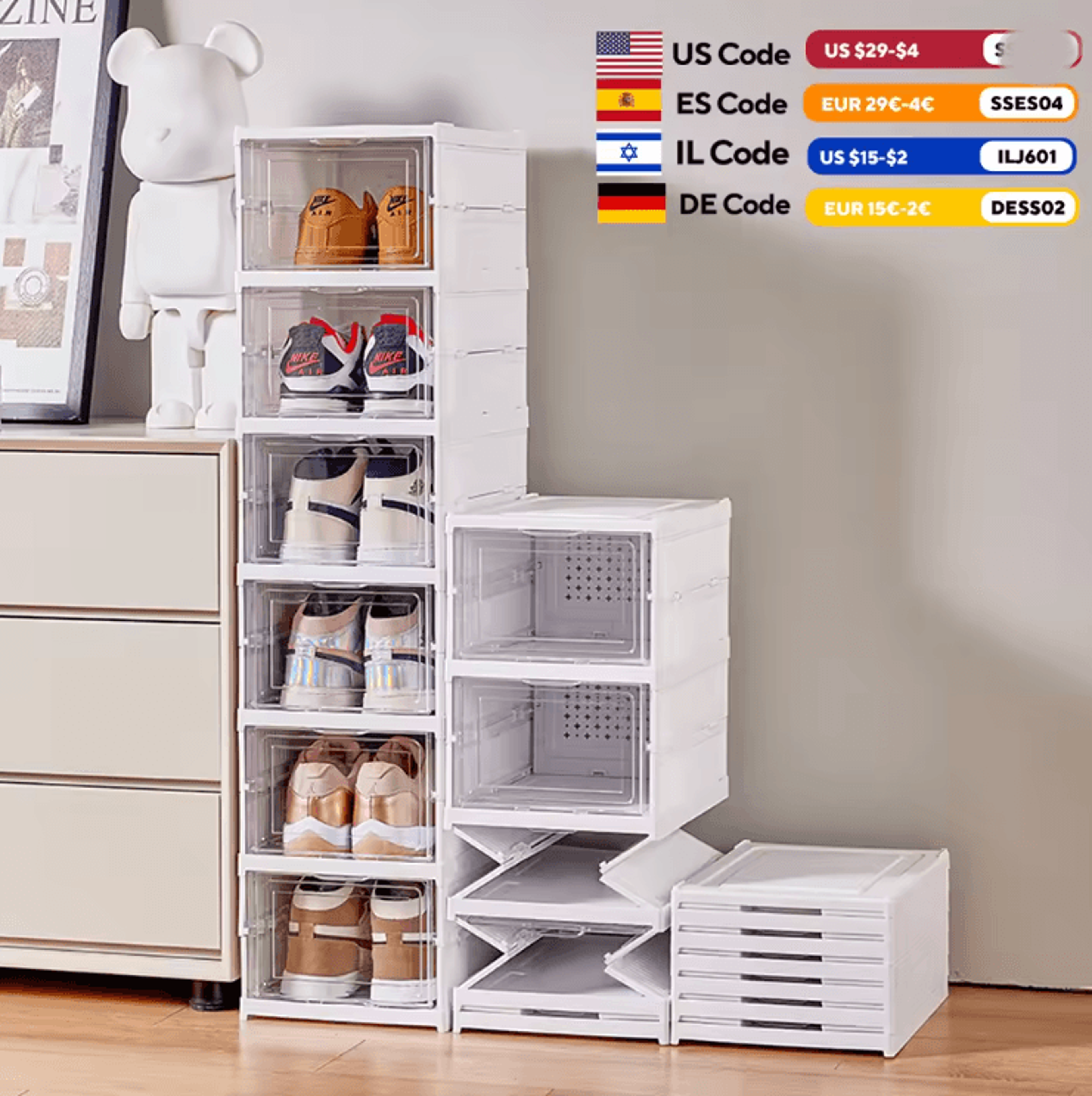 clearstack 6 layer foldable transparent shoe storage organizer