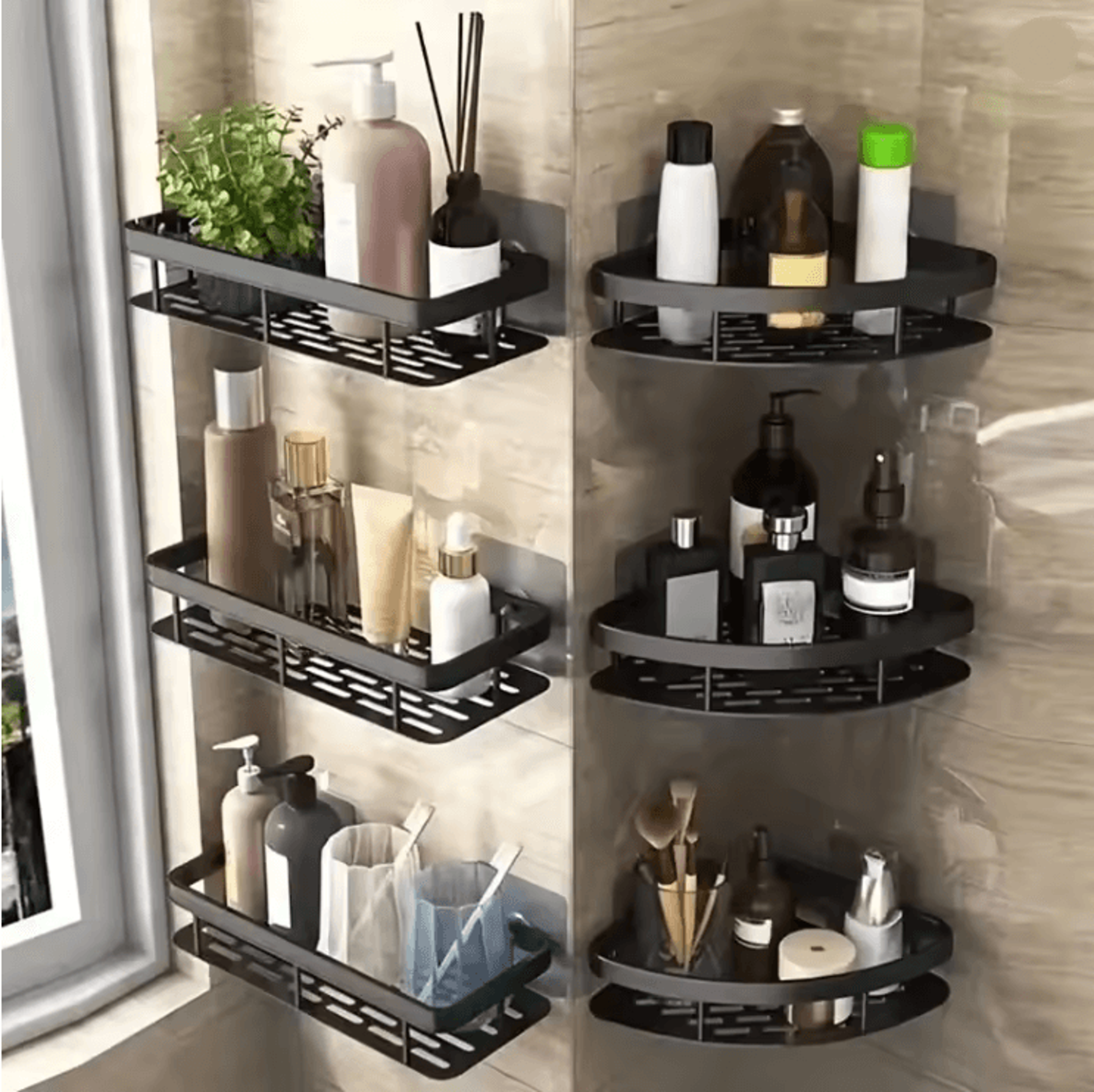 no-drill wall mounted corner bathroom shelf and storage rack