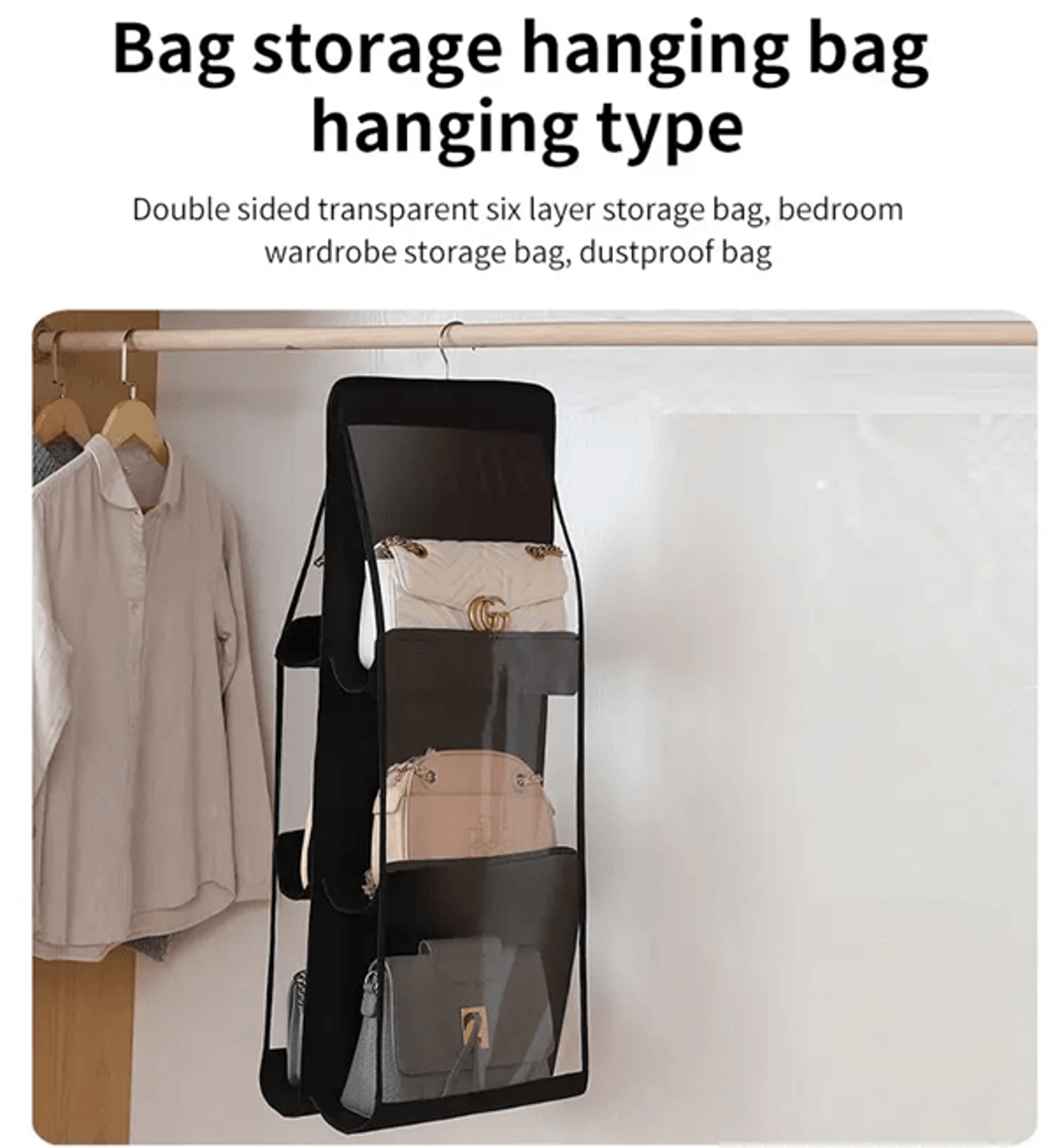 closetwise 6-pocket foldable handbag hanging organizer – handbag storage solution for closet and bedroom