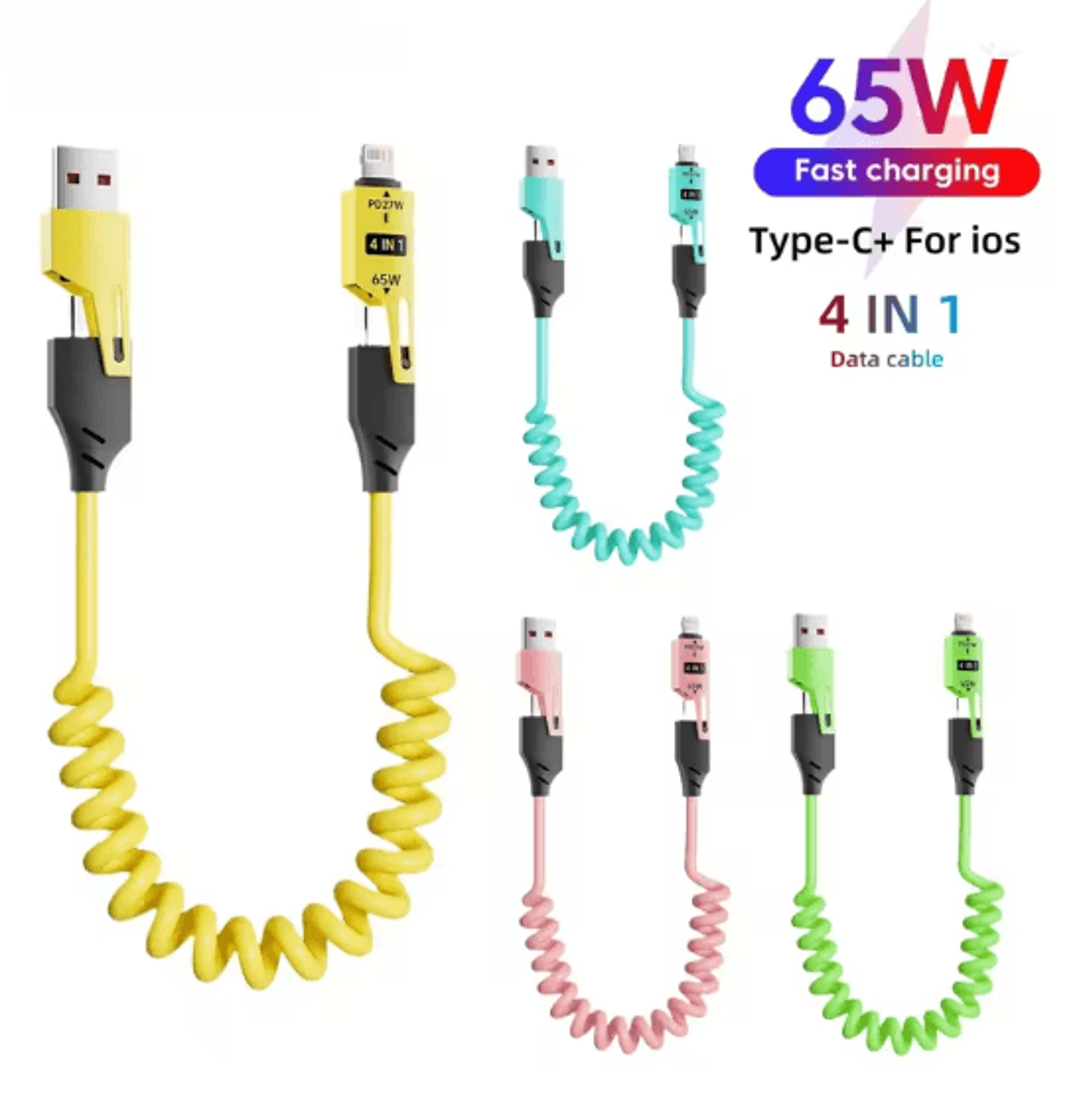powerlink 4 in 1 65w fast charging cable – multi port usb type c charger for iphone, samsung, xiaomi, huawei