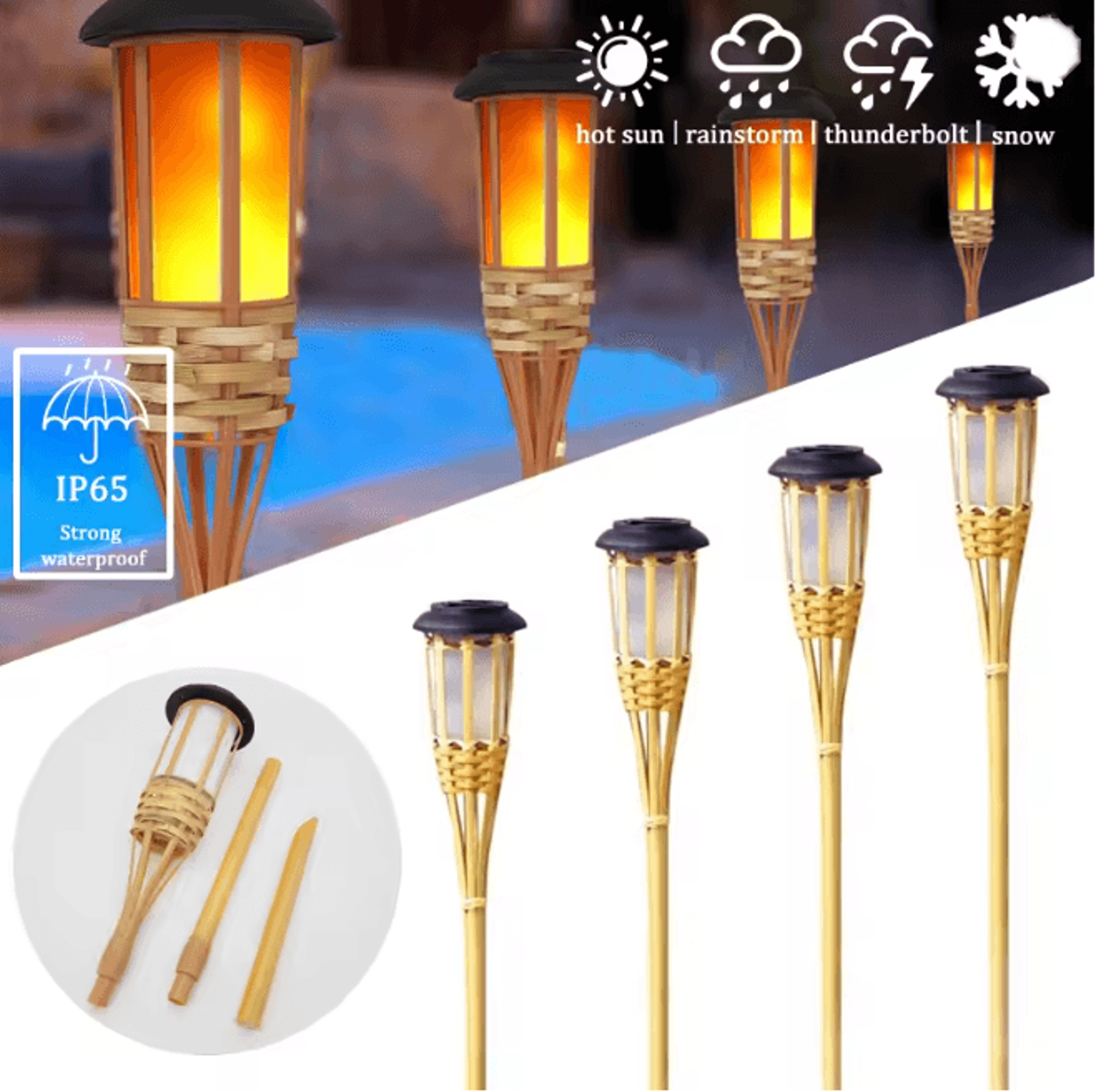 bambooglow solar flame effect garden torch light outdoor waterproof decoration