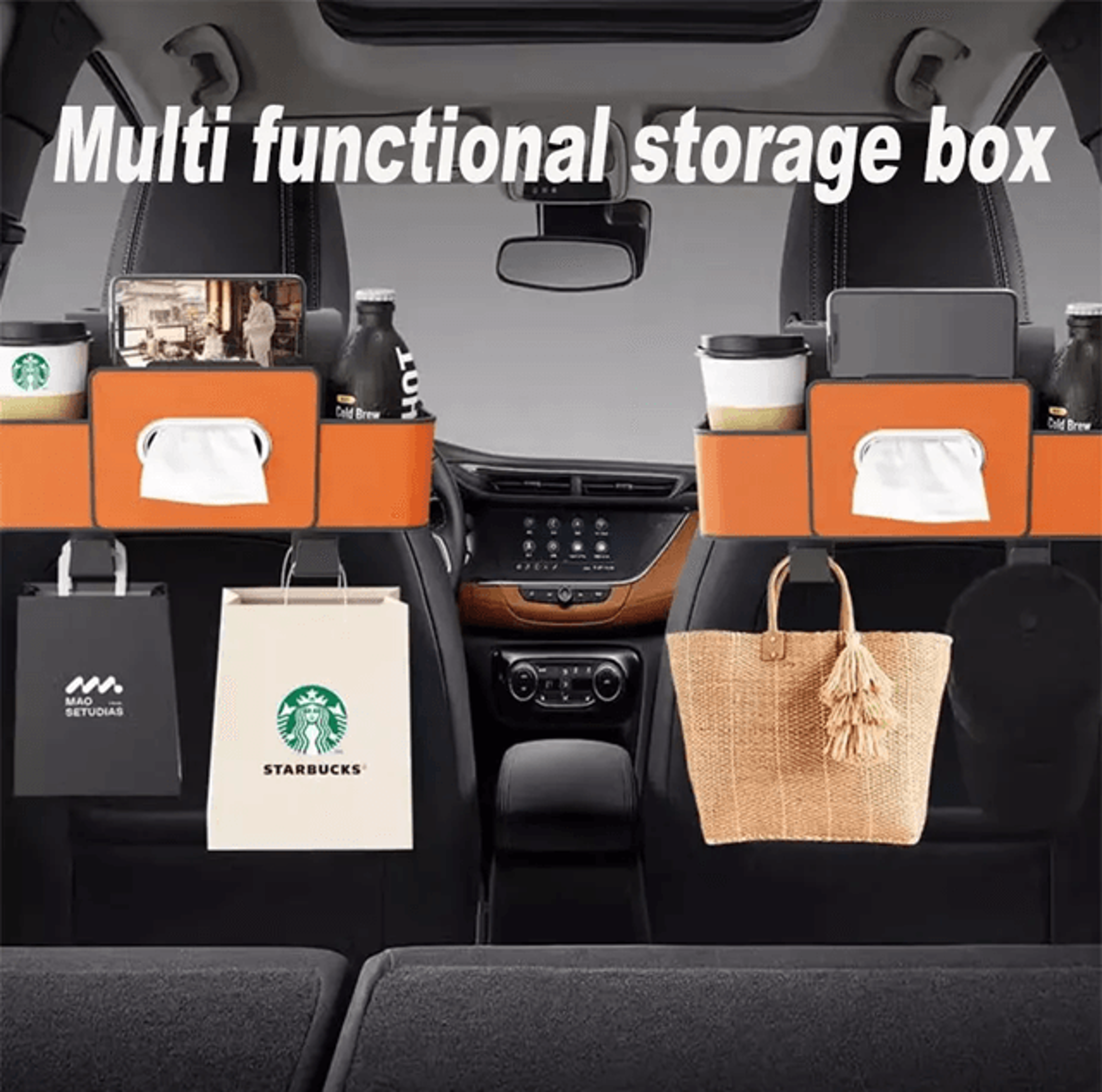 car backseat organizer with leather storage bag and cup holder
