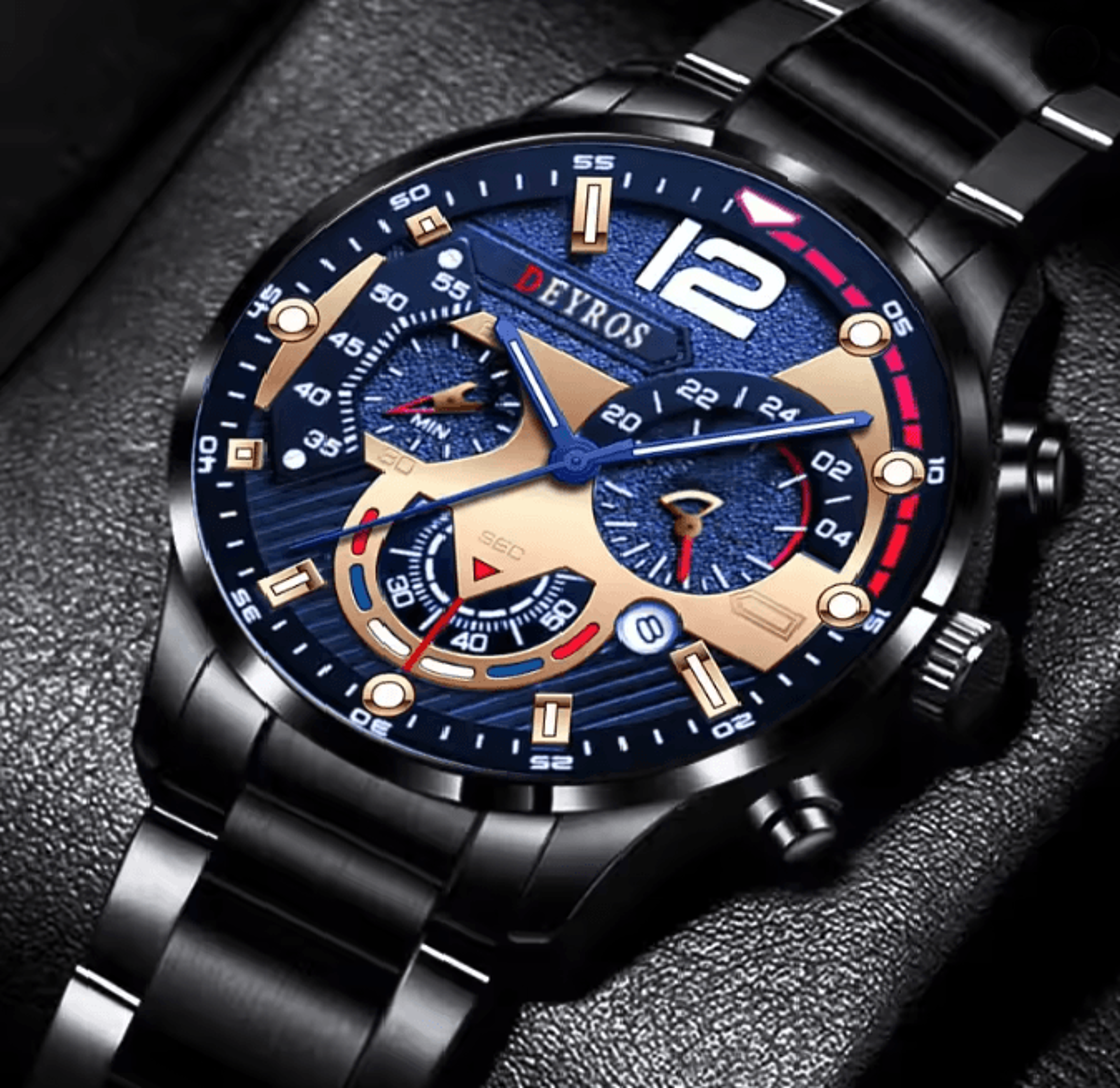 stainless steel quartz watch for men with calendar and luminous display