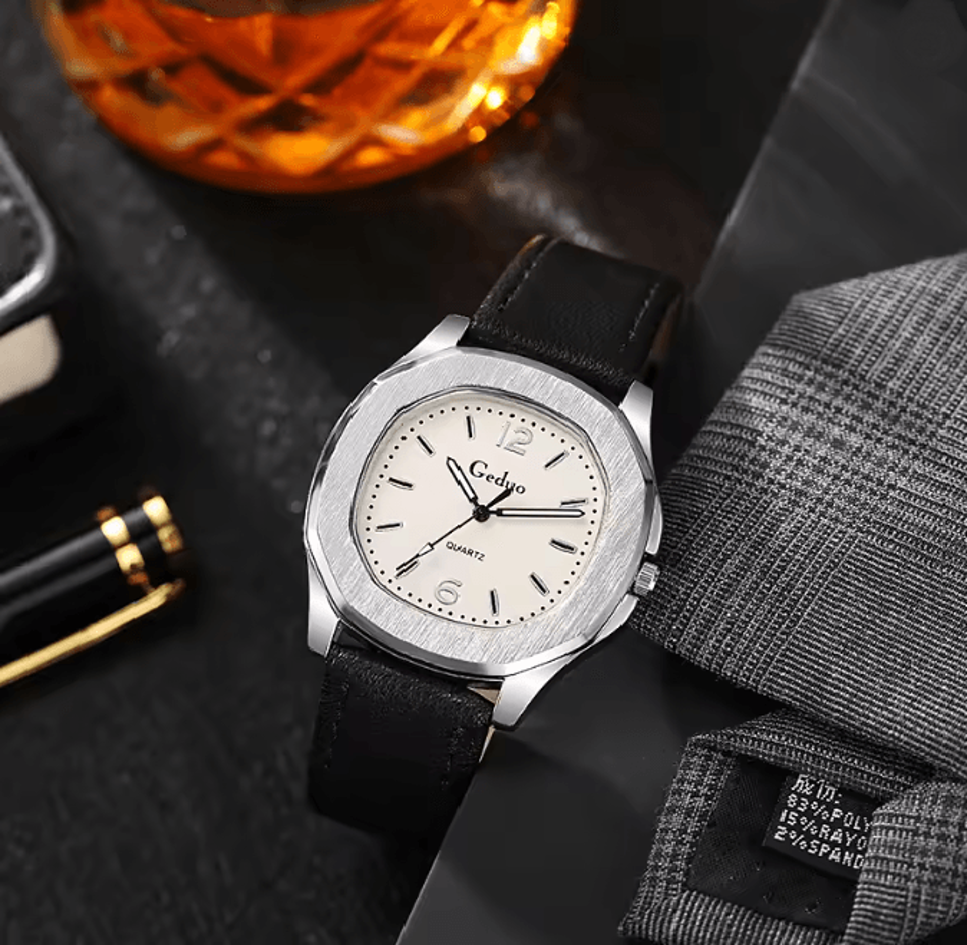 casual leather strap quartz watch for men