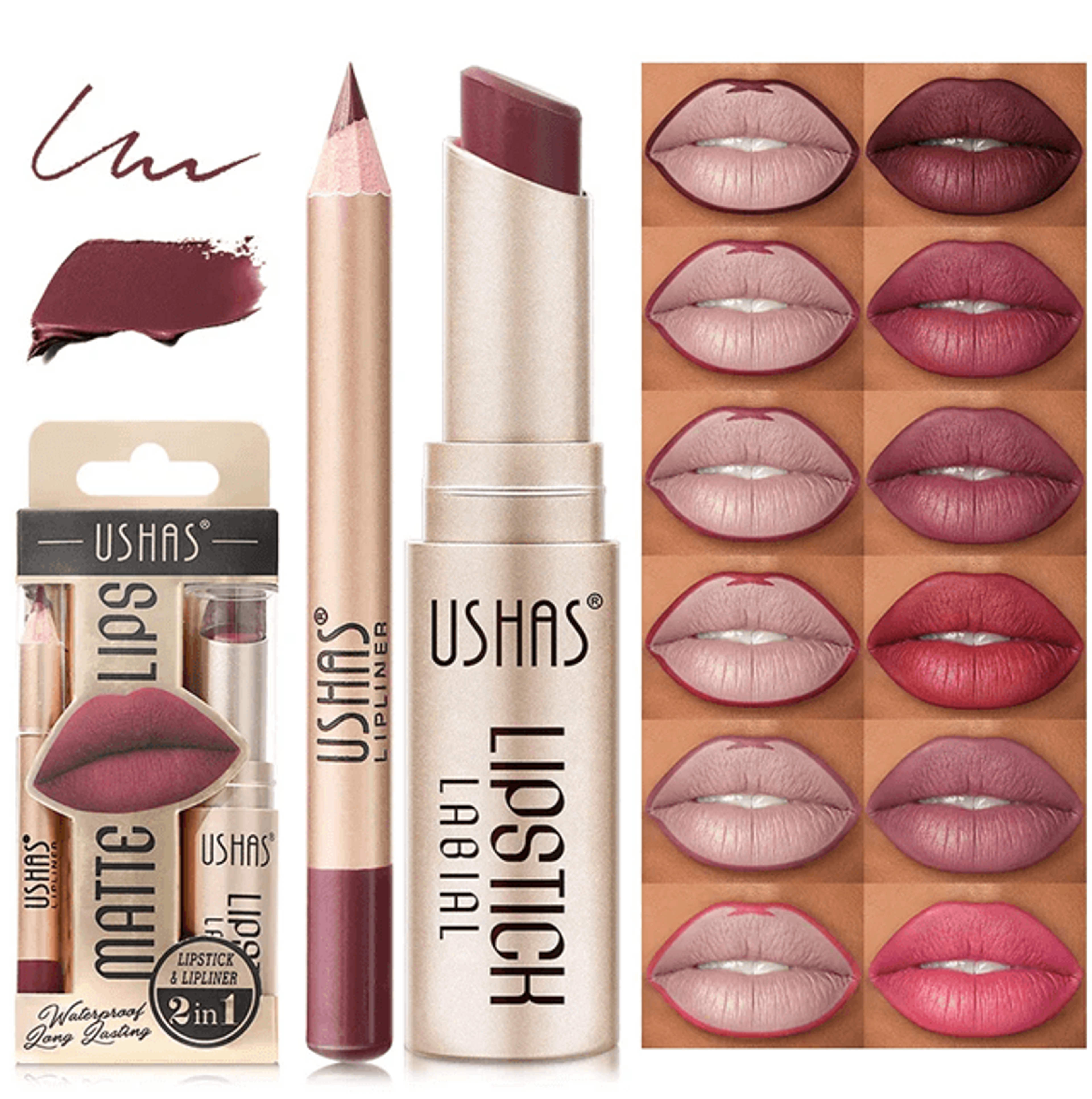 Usha Matte Lipstick and Lip Liner Set Long Lasting Nude and Red Shades
