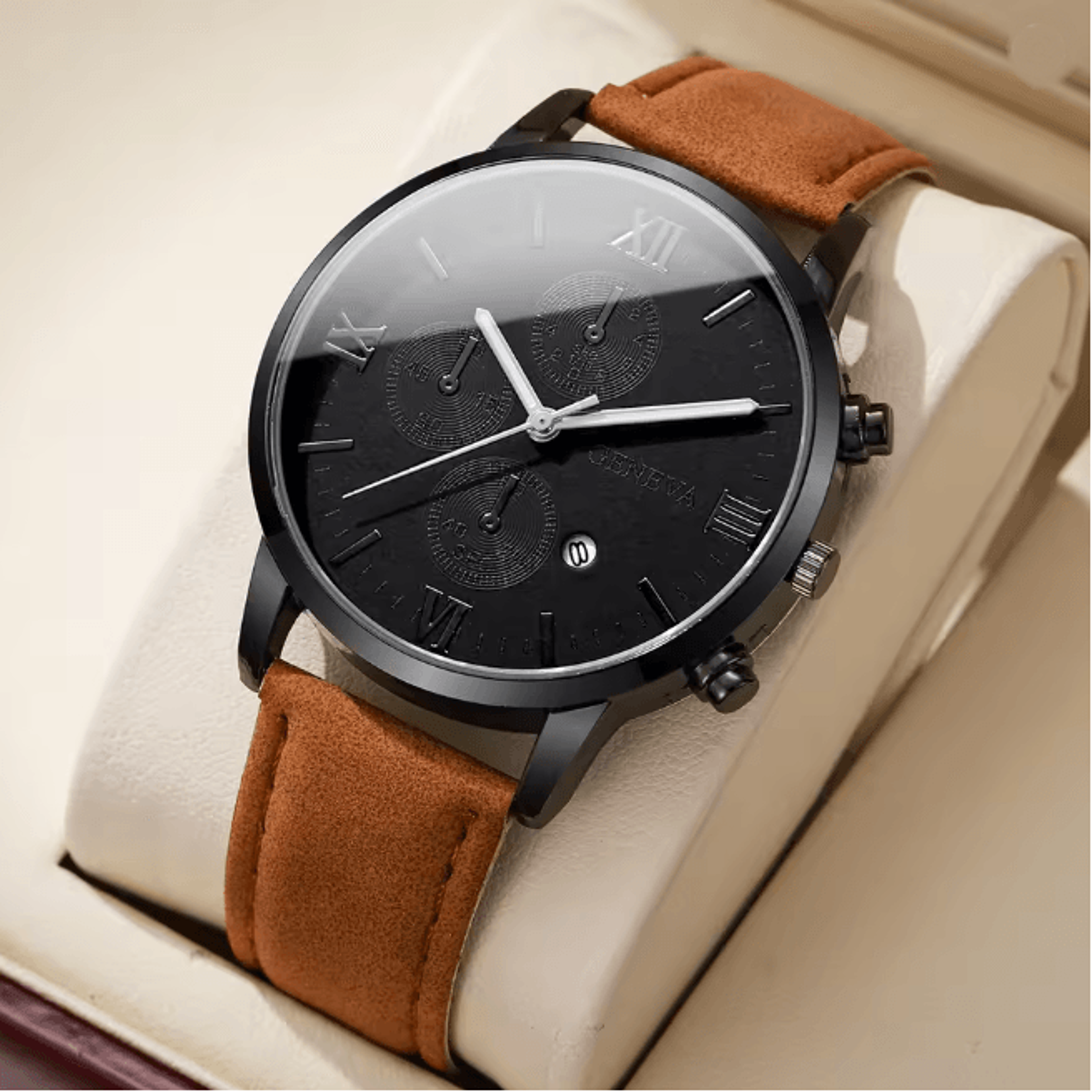 mens roman dial quartz watch leather band business style