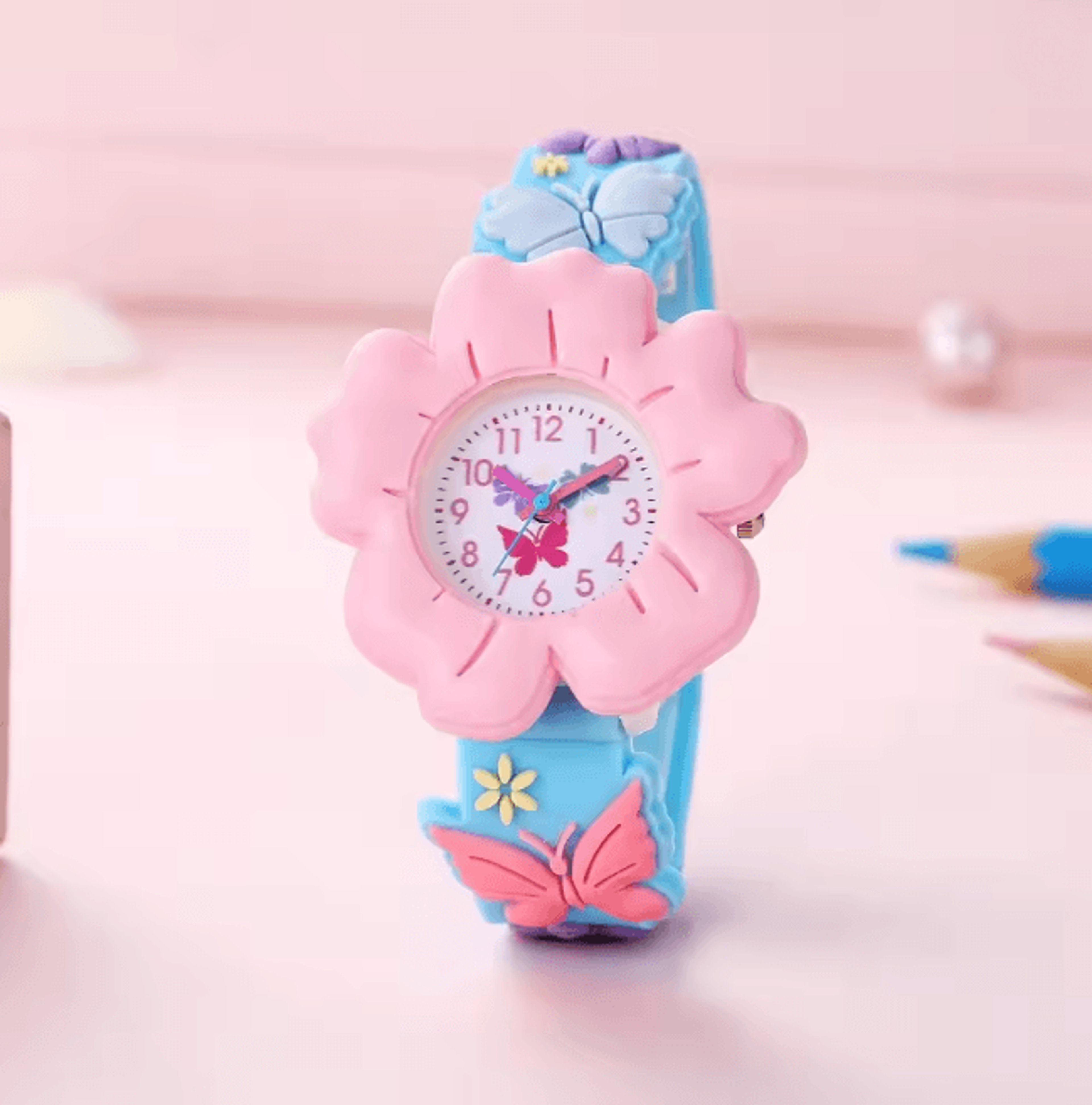 kids cartoon learning watch flower butterfly soft strap