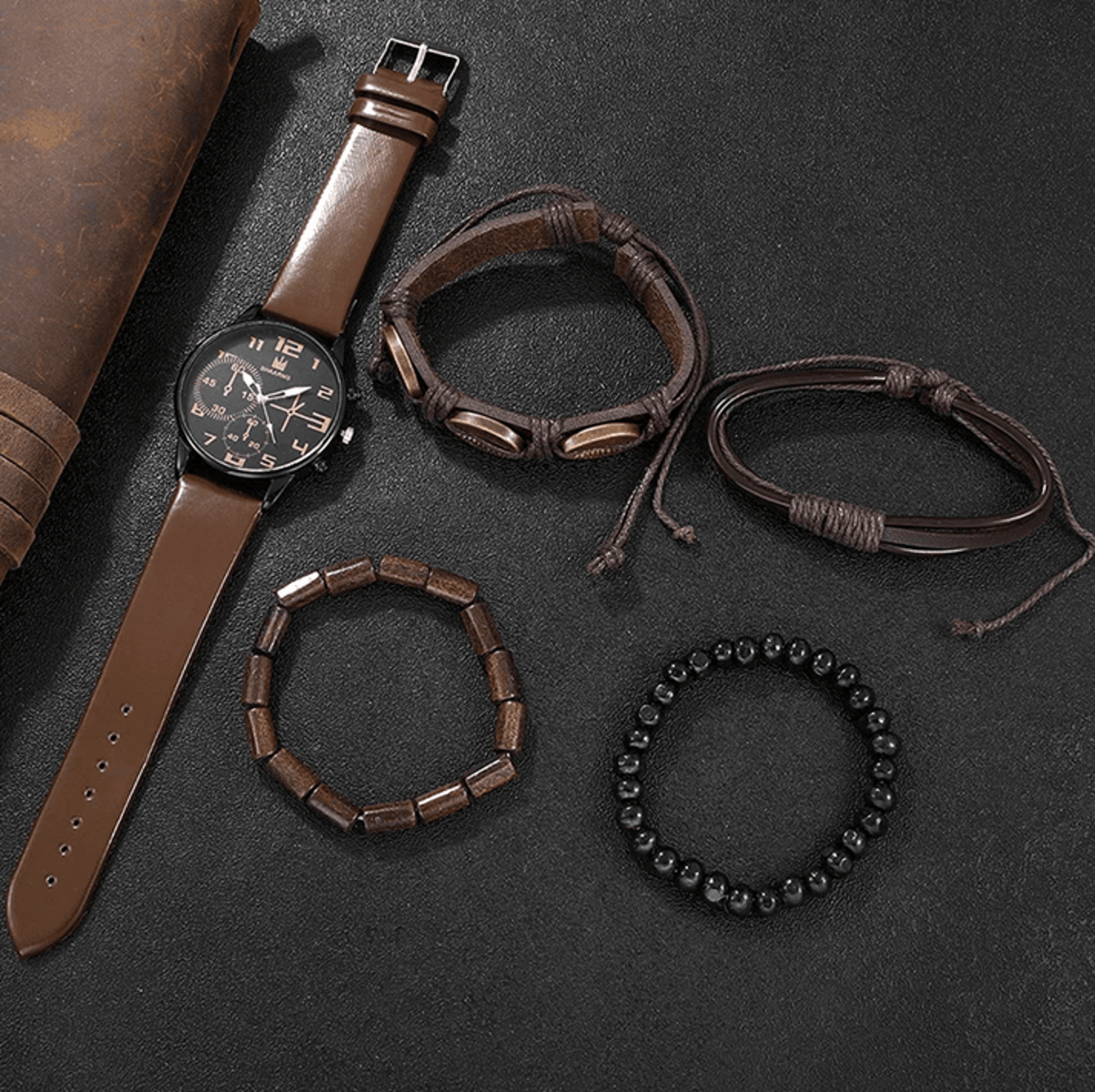 Mens Retro Quartz Watch and Bracelet Set Big Dial Leather Style