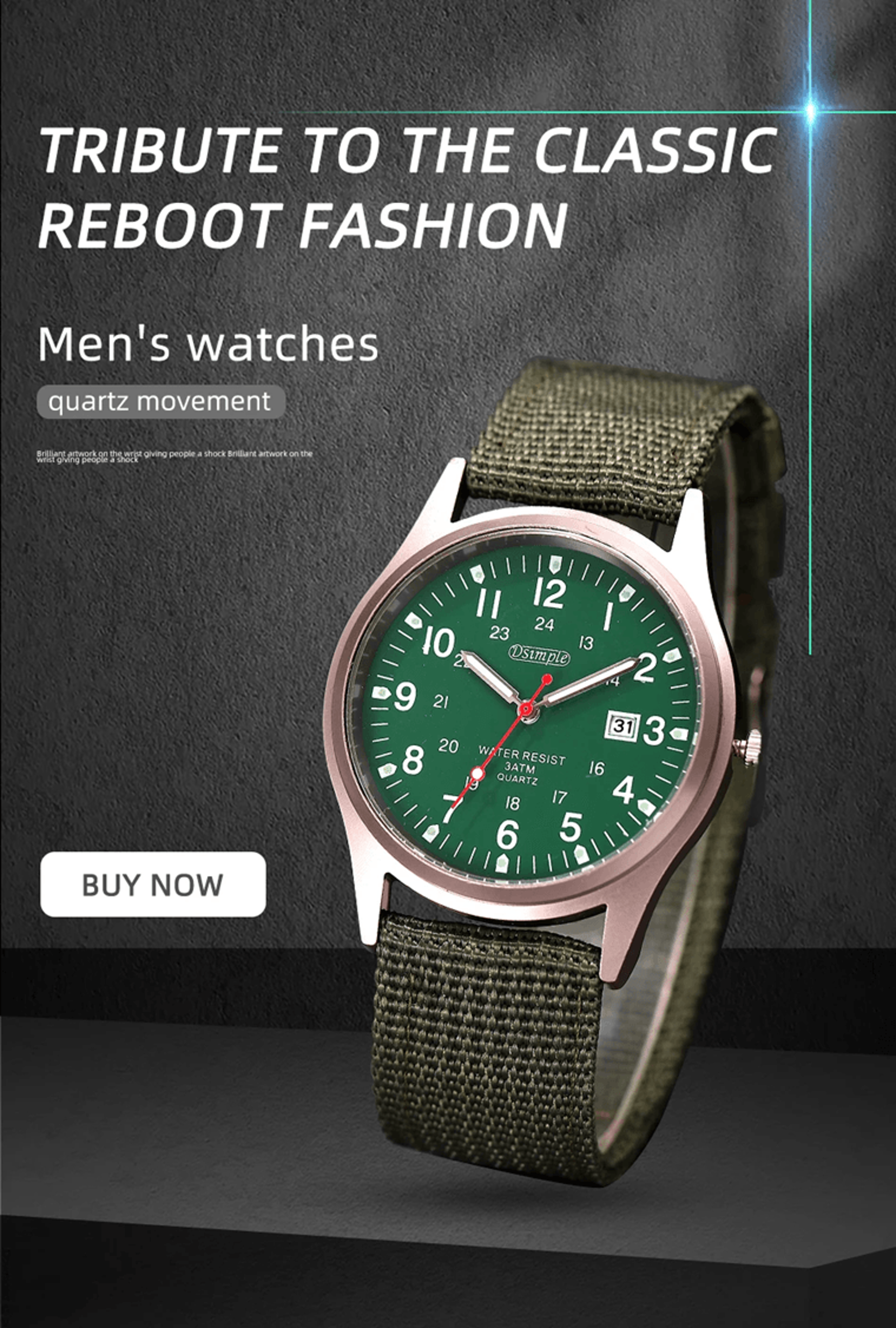mens military quartz watch luminous nylon strap calendar style