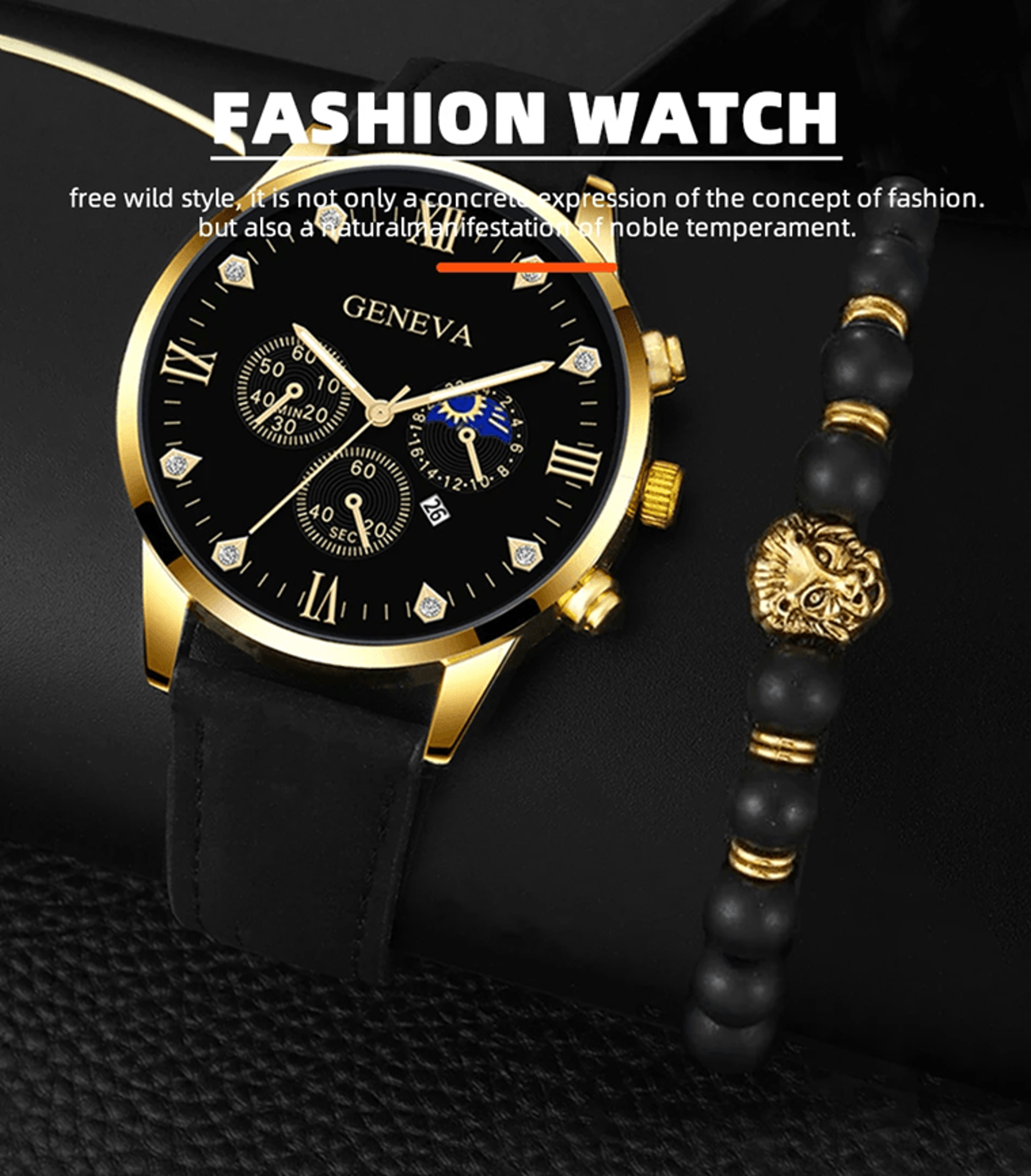 Luxury Mens Quartz Watch and Bracelet Set Business Calendar Style